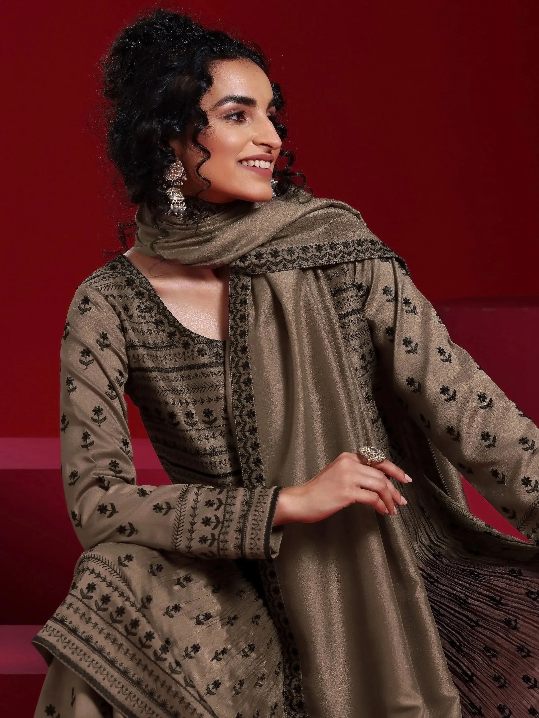 Jashvi Art Brown Embroidered Silk Blend A-Line Kurta With Sharara & Dupatta