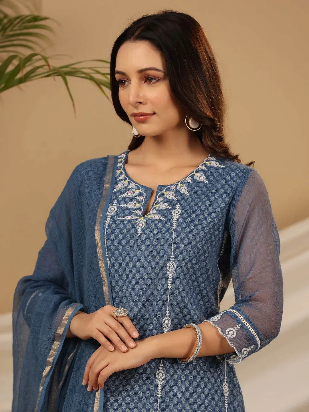 Jashvi Blue Cotton & Kota Doria Layered Kurta With Pants And Dupatta Set With Thread Embroidery (3-Pcs)