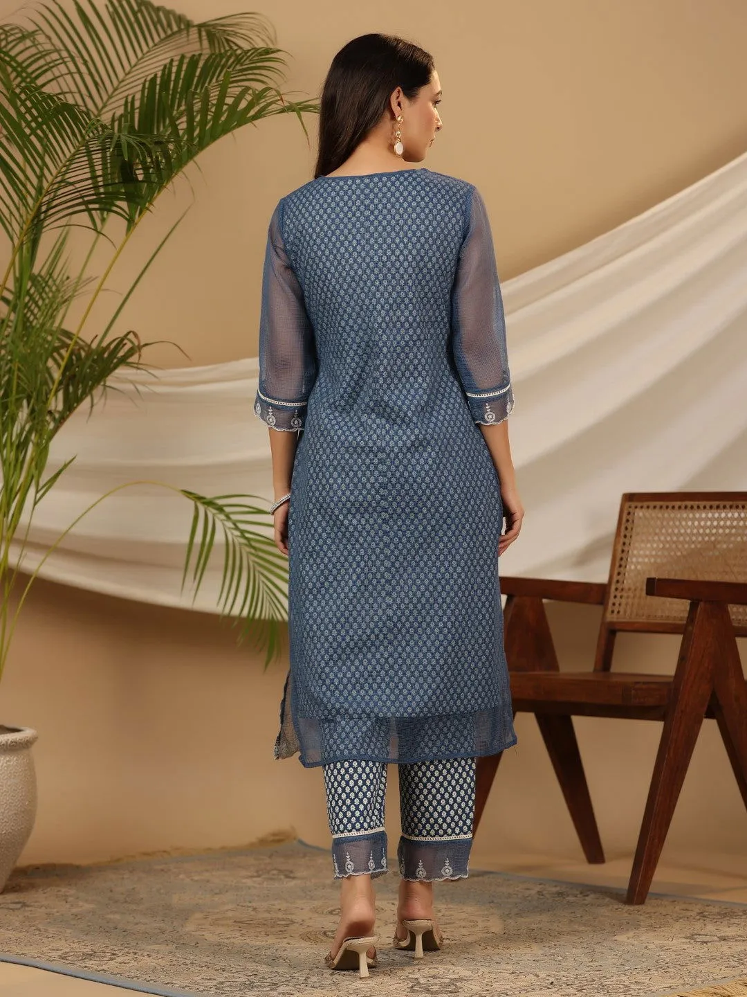 Jashvi Blue Cotton & Kota Doria Layered Kurta With Pants And Dupatta Set With Thread Embroidery (3-Pcs)