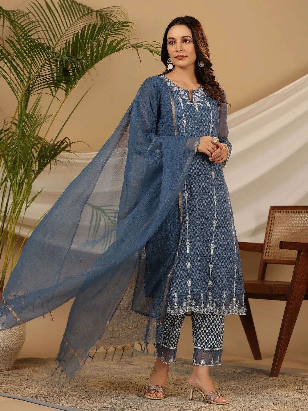 Jashvi Blue Cotton & Kota Doria Layered Kurta With Pants And Dupatta Set With Thread Embroidery (3-Pcs)