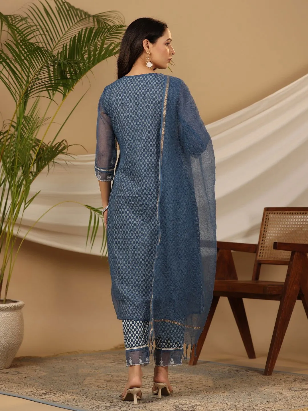 Jashvi Blue Cotton & Kota Doria Layered Kurta With Pants And Dupatta Set With Thread Embroidery (3-Pcs)