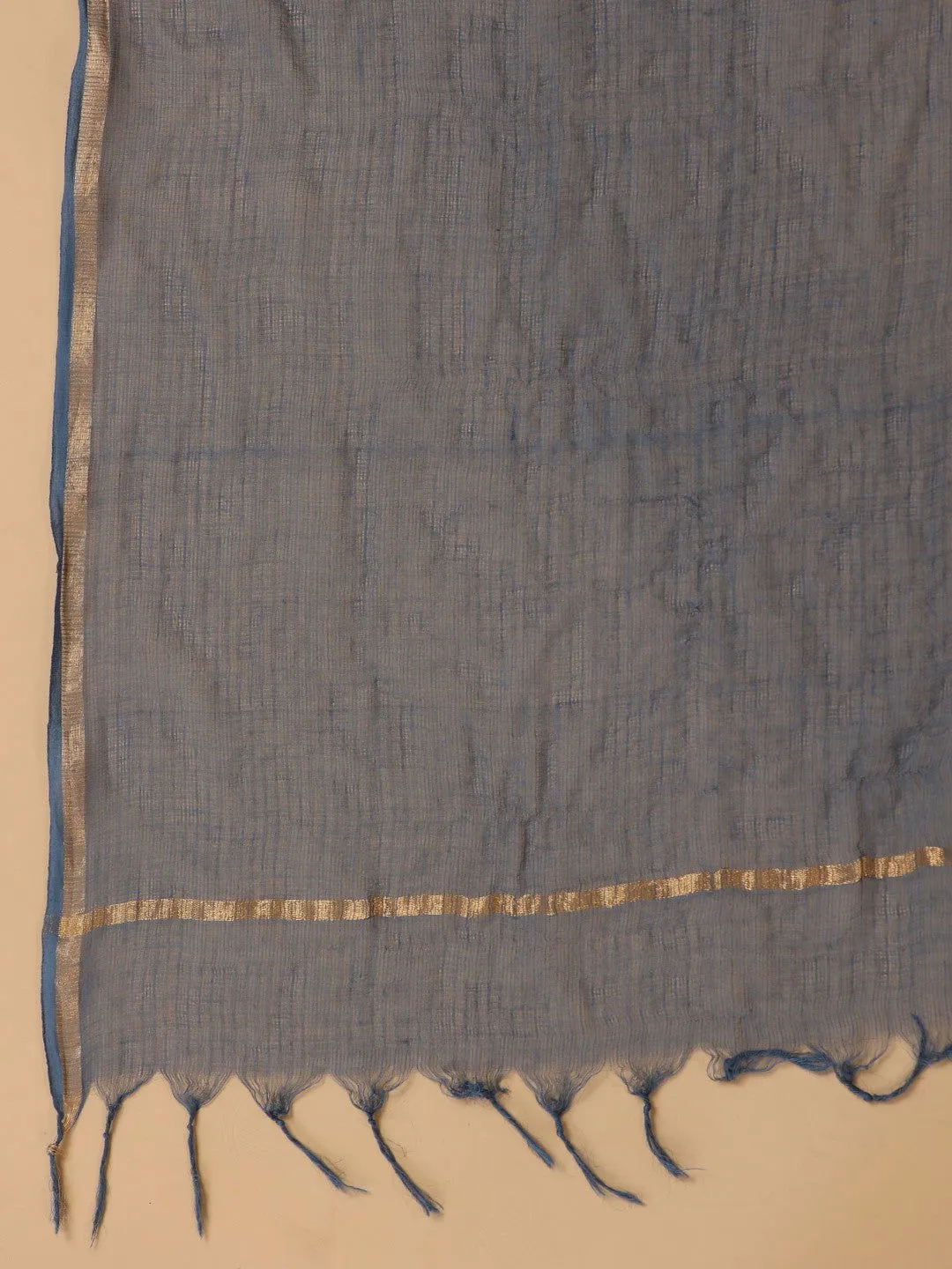 Jashvi Blue Cotton & Kota Doria Layered Kurta With Pants And Dupatta Set With Thread Embroidery (3-Pcs)