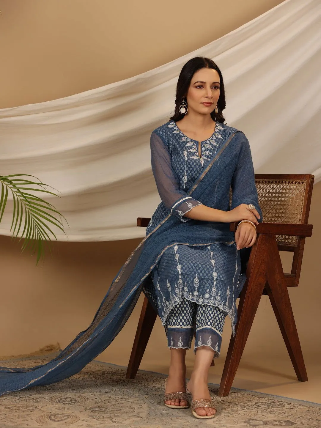 Jashvi Blue Cotton & Kota Doria Layered Kurta With Pants And Dupatta Set With Thread Embroidery (3-Pcs)