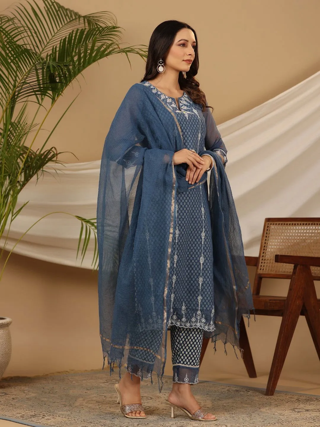 Jashvi Blue Cotton & Kota Doria Layered Kurta With Pants And Dupatta Set With Thread Embroidery (3-Pcs)