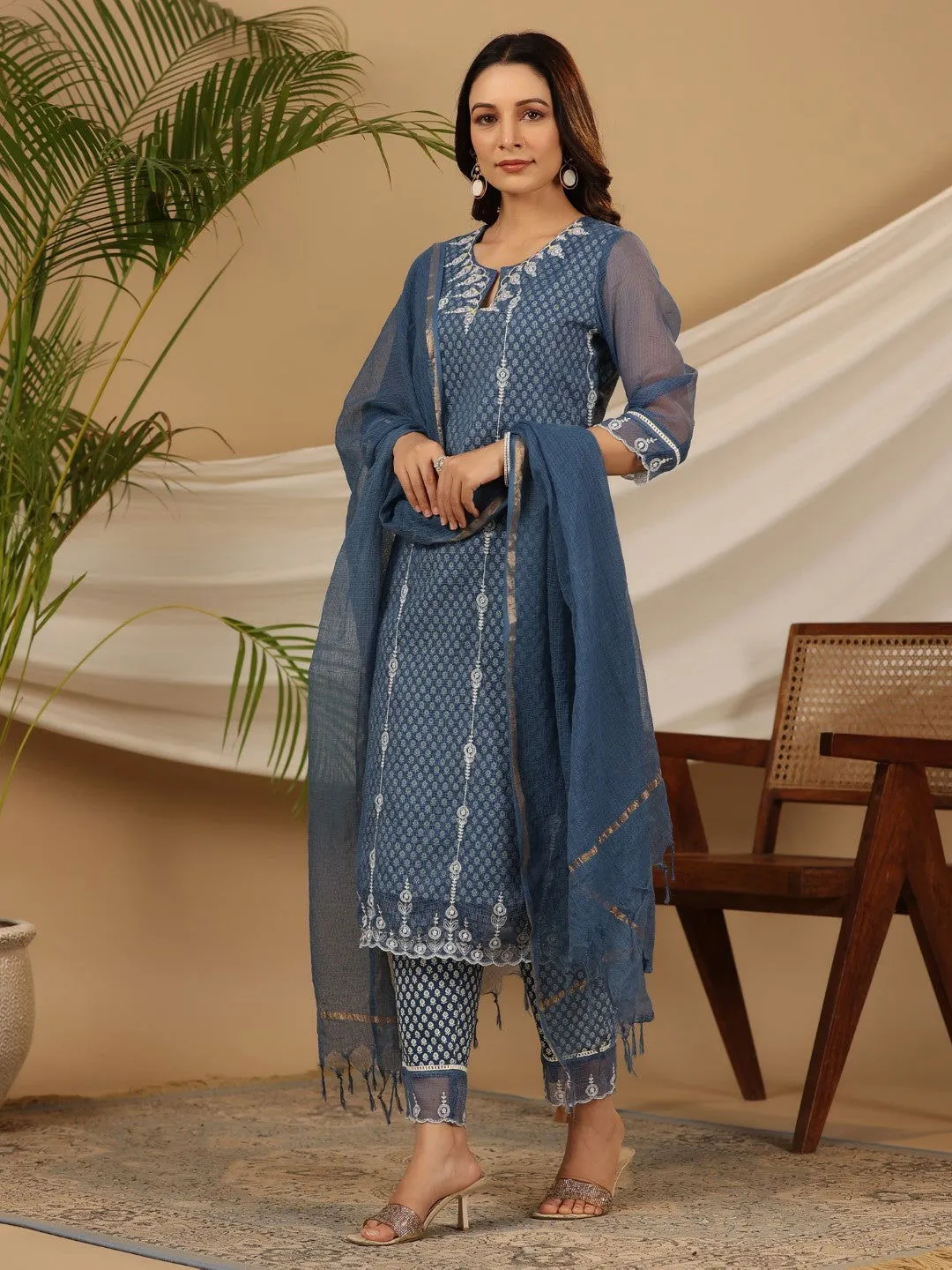 Jashvi Blue Cotton & Kota Doria Layered Kurta With Pants And Dupatta Set With Thread Embroidery (3-Pcs)