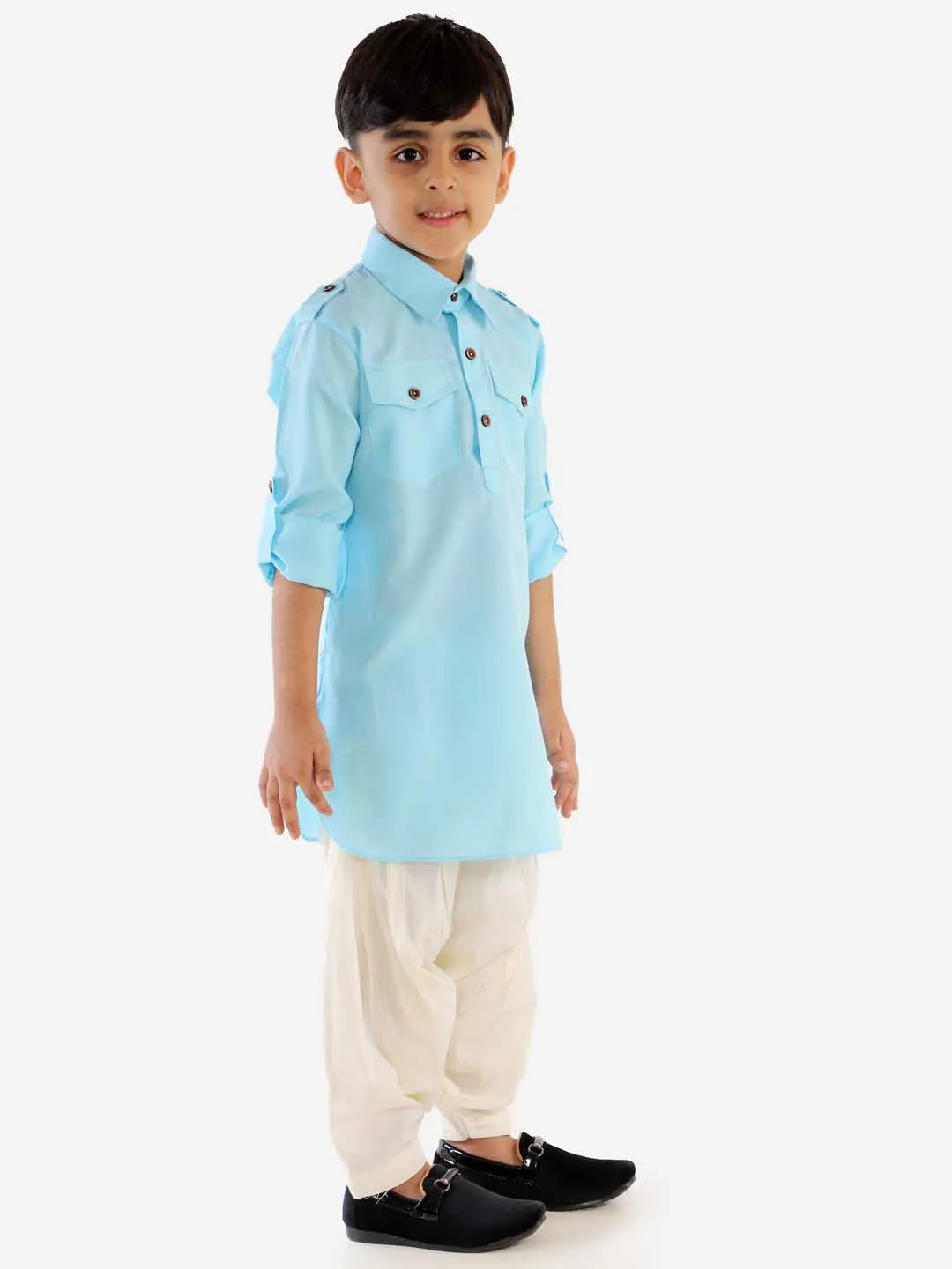 Jashvi Boy's Blue Cotton Blend Pathani Suit Set