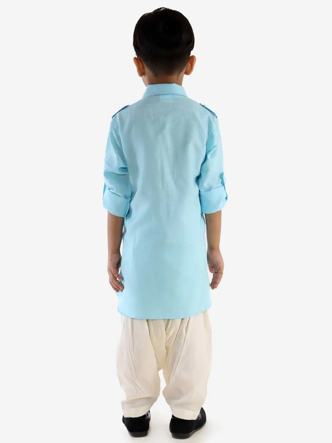 Jashvi Boy's Blue Cotton Blend Pathani Suit Set