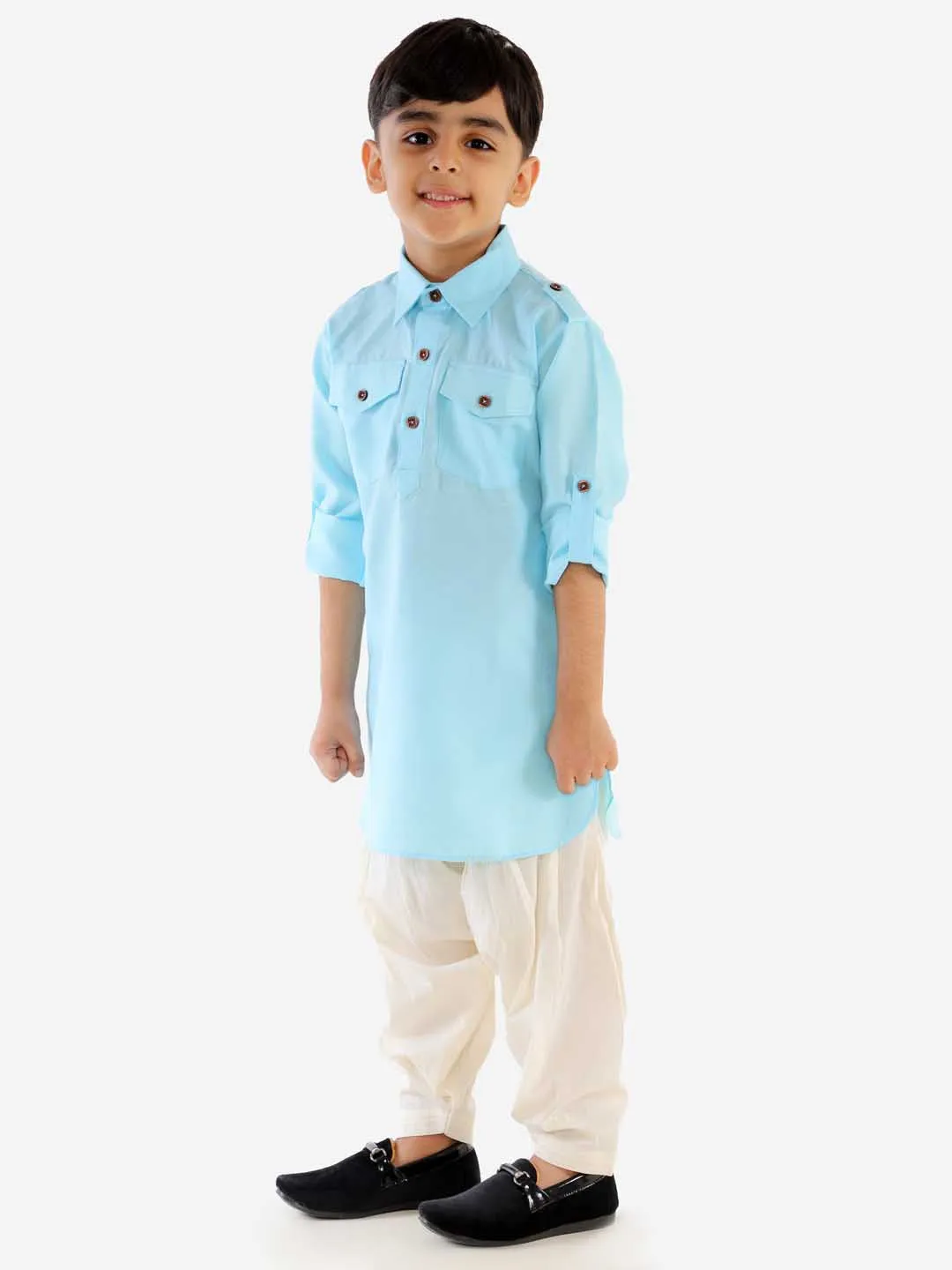 Jashvi Boy's Blue Cotton Blend Pathani Suit Set