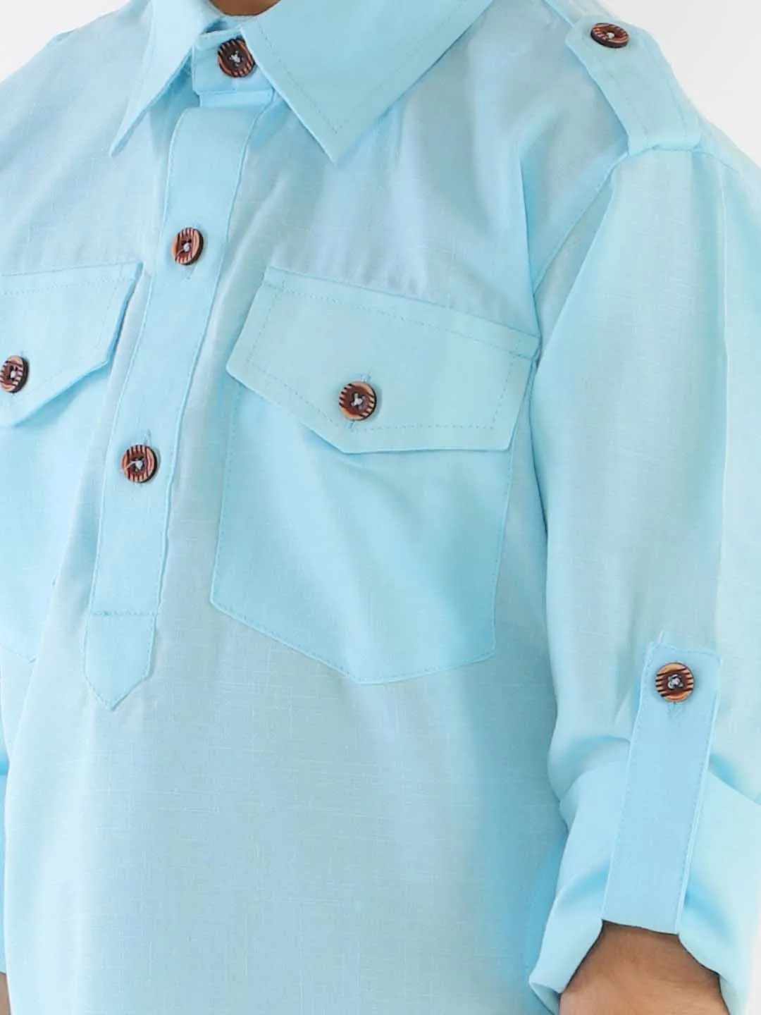 Jashvi Boy's Blue Cotton Blend Pathani Suit Set