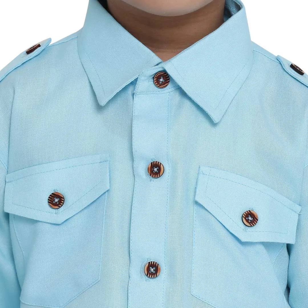 Jashvi Boy's Blue Cotton Blend Pathani Suit Set