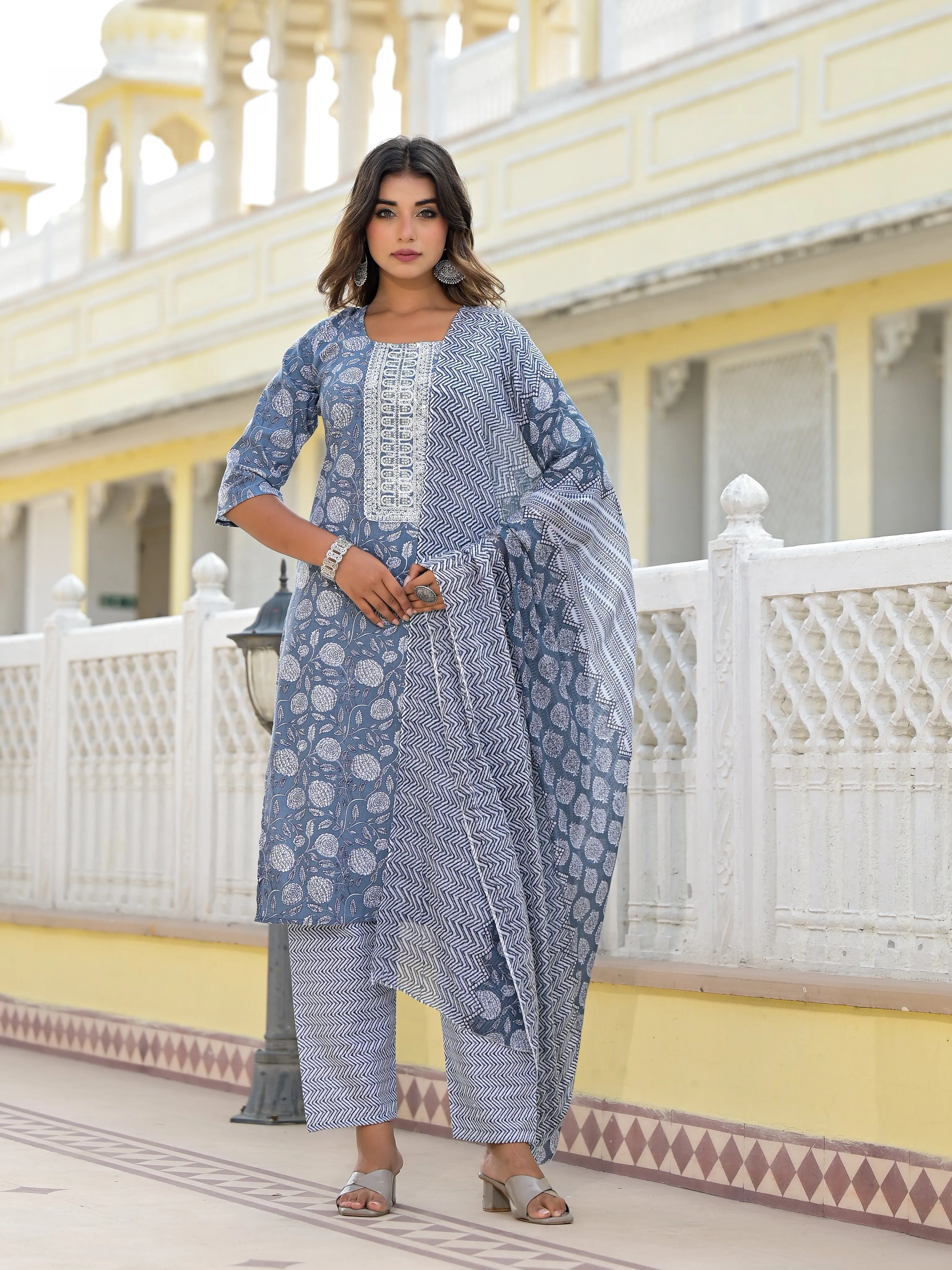 Jashvi Grey Ethnic Motif Printed Cotton Kurta, Pant And Dupatta Set With Thread & Zari Work