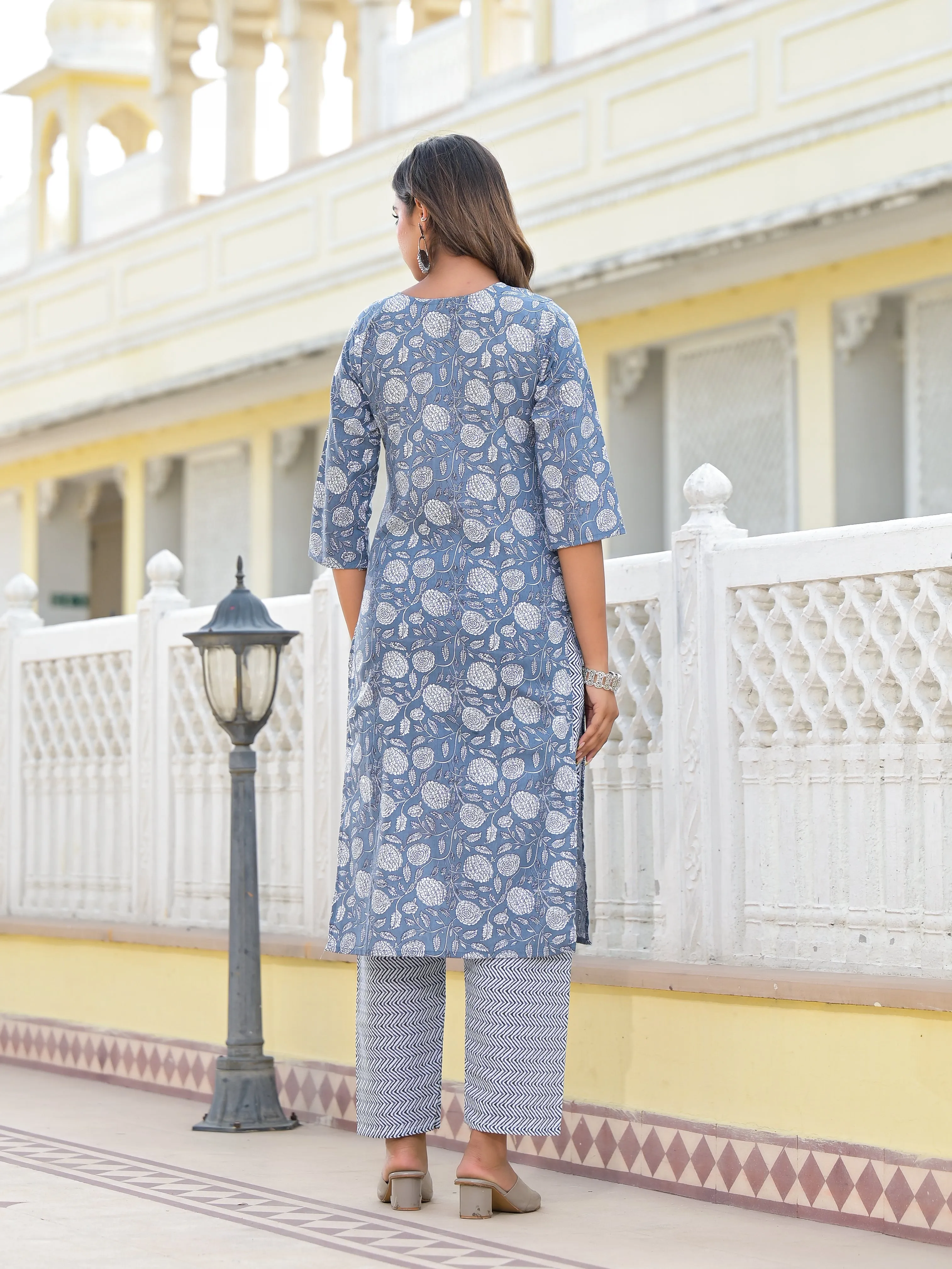 Jashvi Grey Ethnic Motif Printed Cotton Kurta, Pant And Dupatta Set With Thread & Zari Work