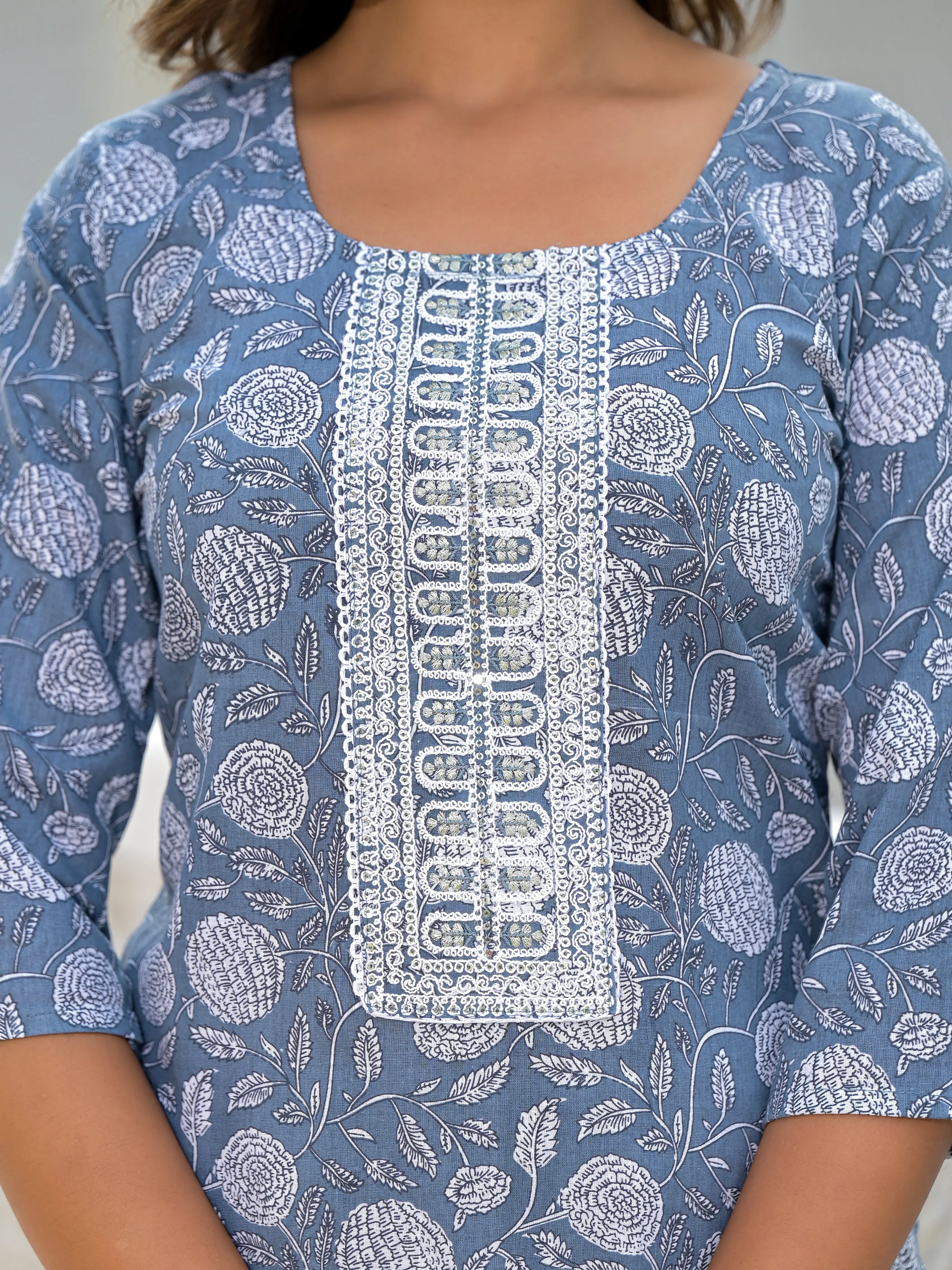 Jashvi Grey Ethnic Motif Printed Cotton Kurta, Pant And Dupatta Set With Thread & Zari Work