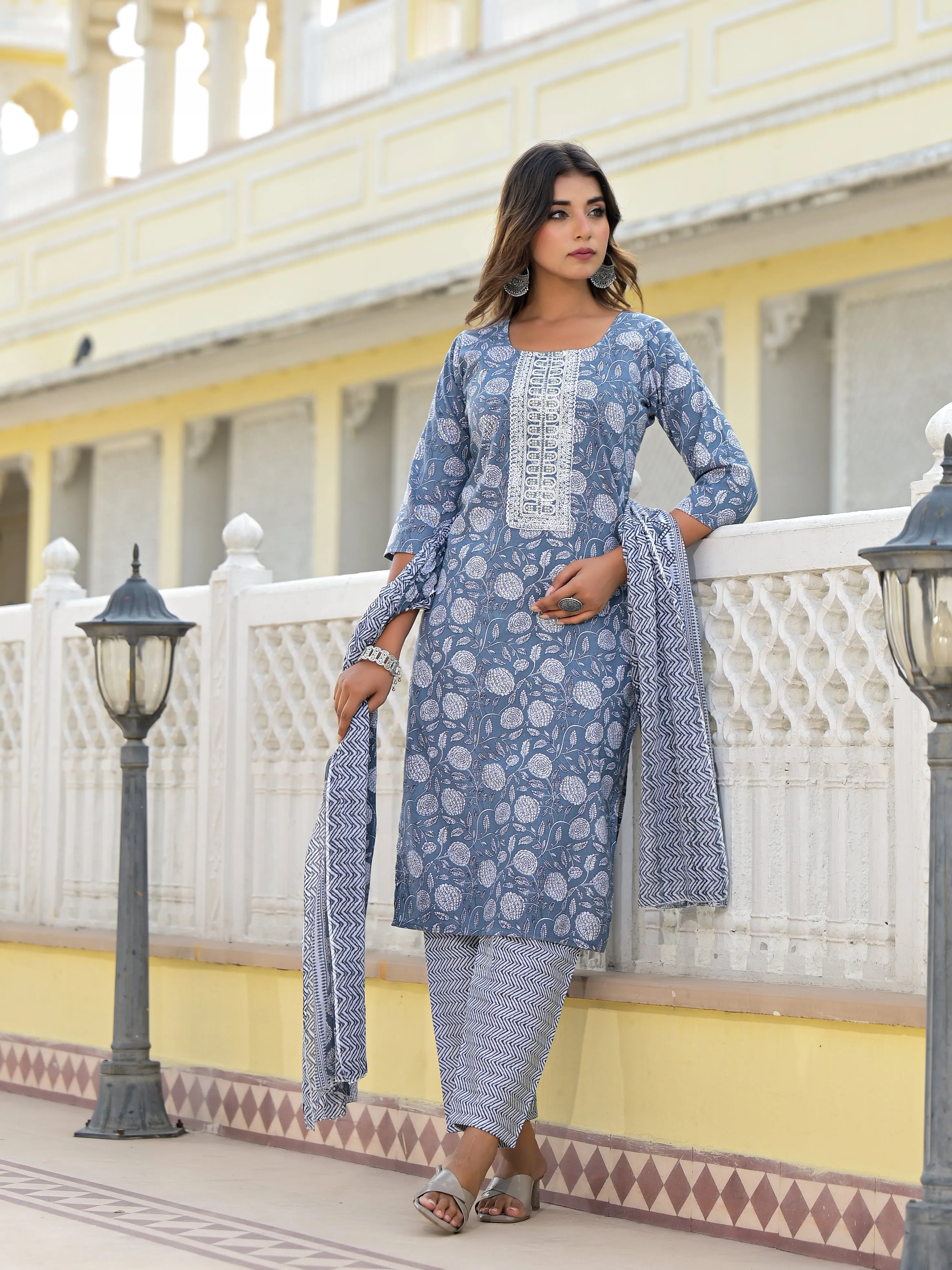 Jashvi Grey Ethnic Motif Printed Cotton Kurta, Pant And Dupatta Set With Thread & Zari Work