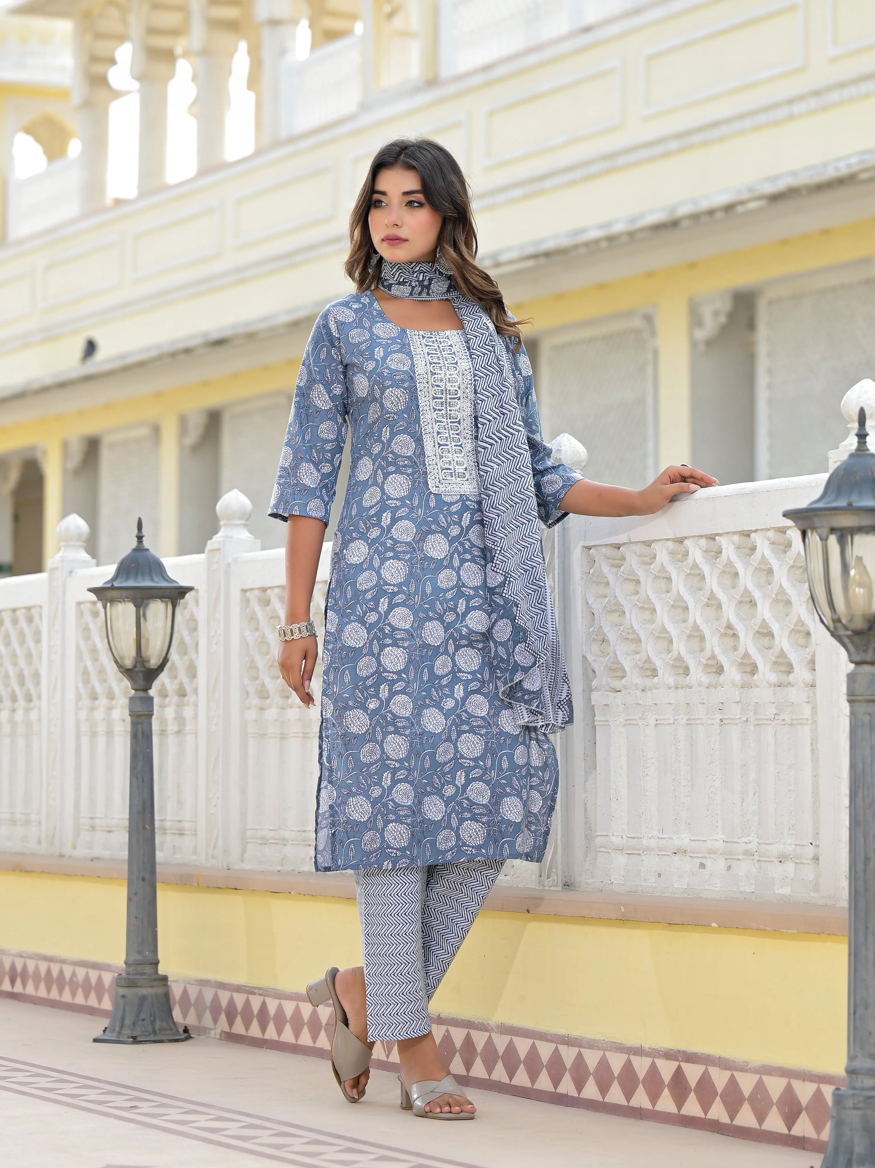 Jashvi Grey Ethnic Motif Printed Cotton Kurta, Pant And Dupatta Set With Thread & Zari Work