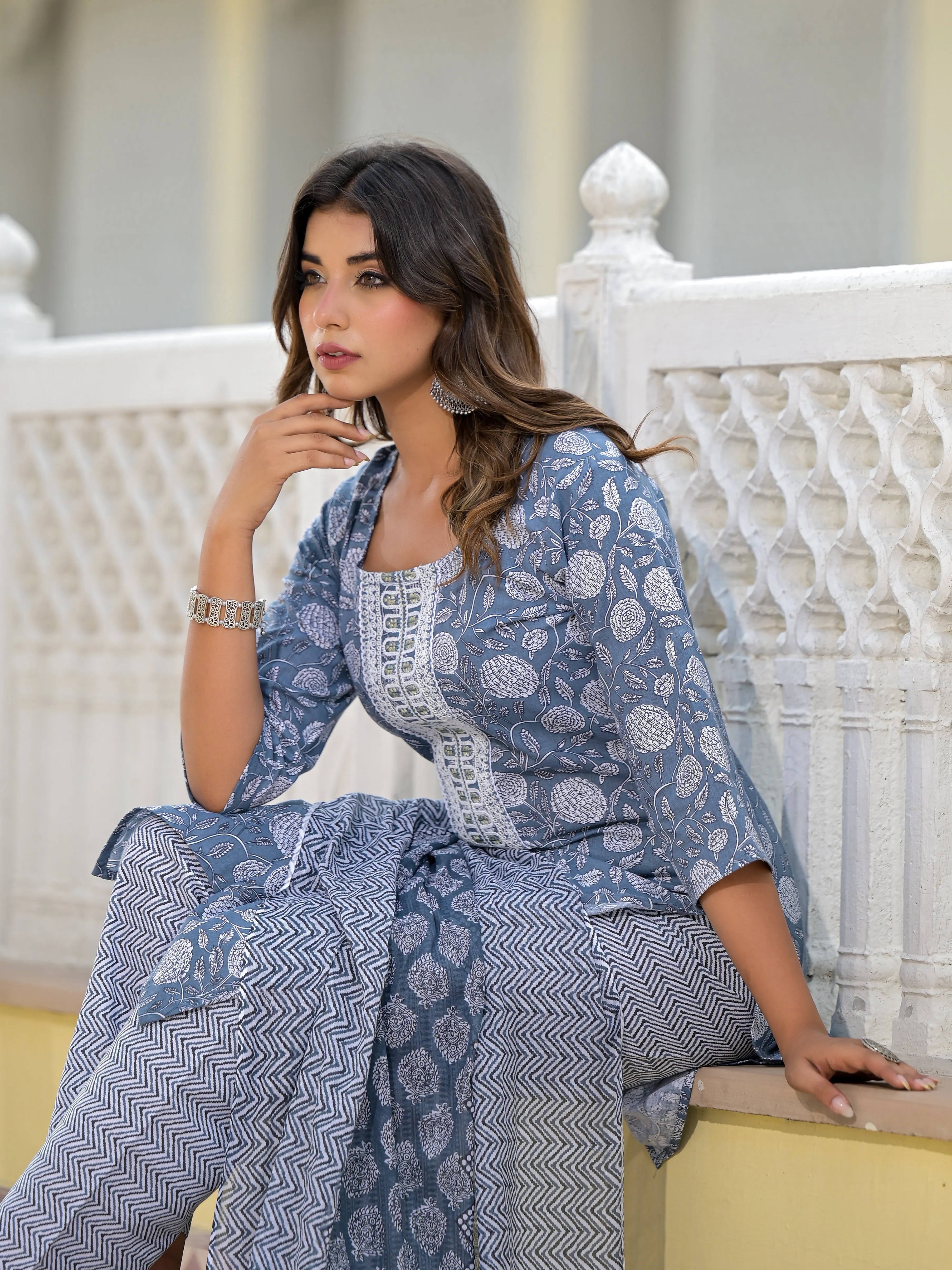 Jashvi Grey Ethnic Motif Printed Cotton Kurta, Pant And Dupatta Set With Thread & Zari Work