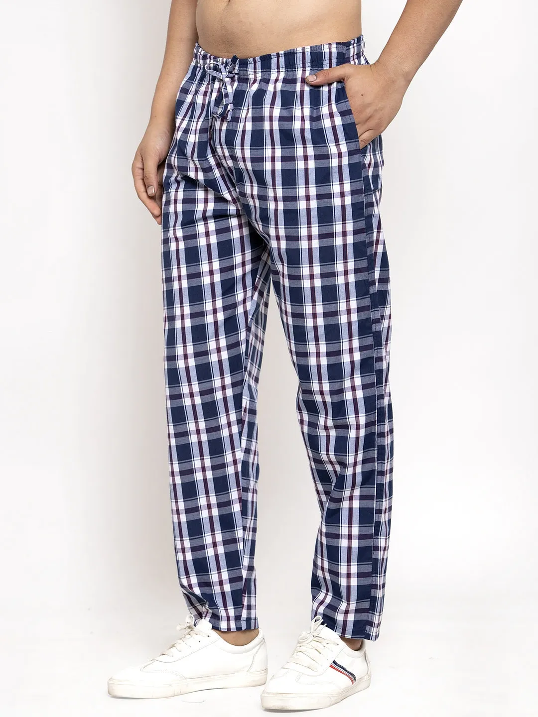 Jashvi Men's Navy Blue Checked Cotton Track Pants