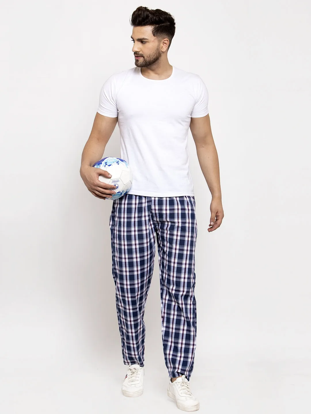 Jashvi Men's Navy Blue Checked Cotton Track Pants