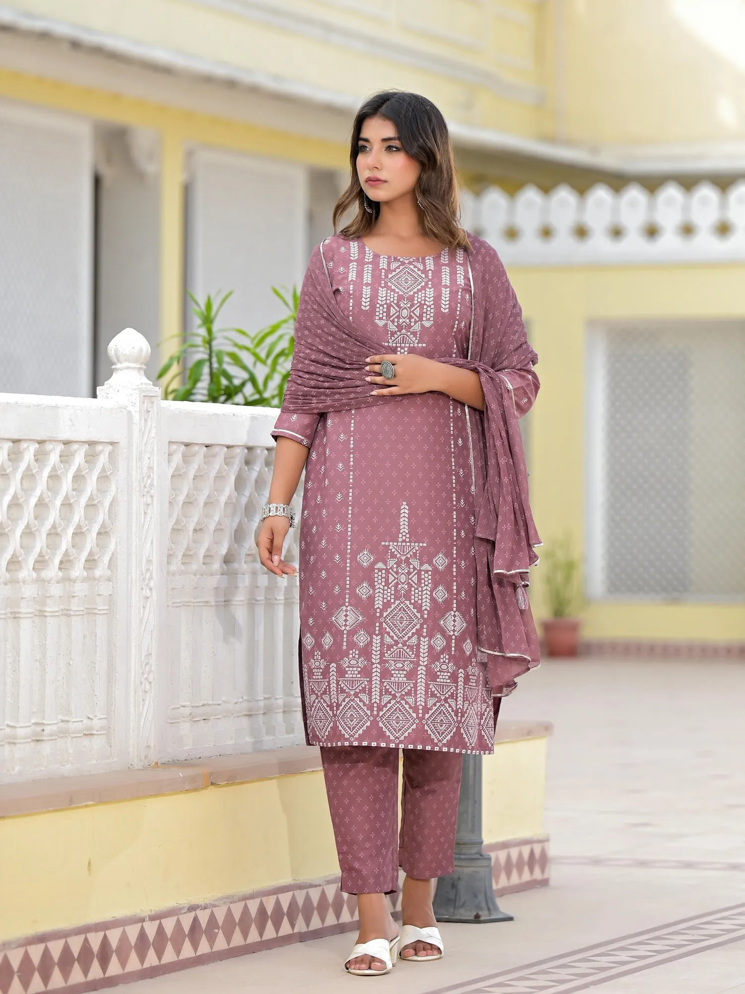 Jashvi Onion Pink Ethnic Motif Printed Viscose Kurta, Pant And Dupatta Set With Gotta Patti Work