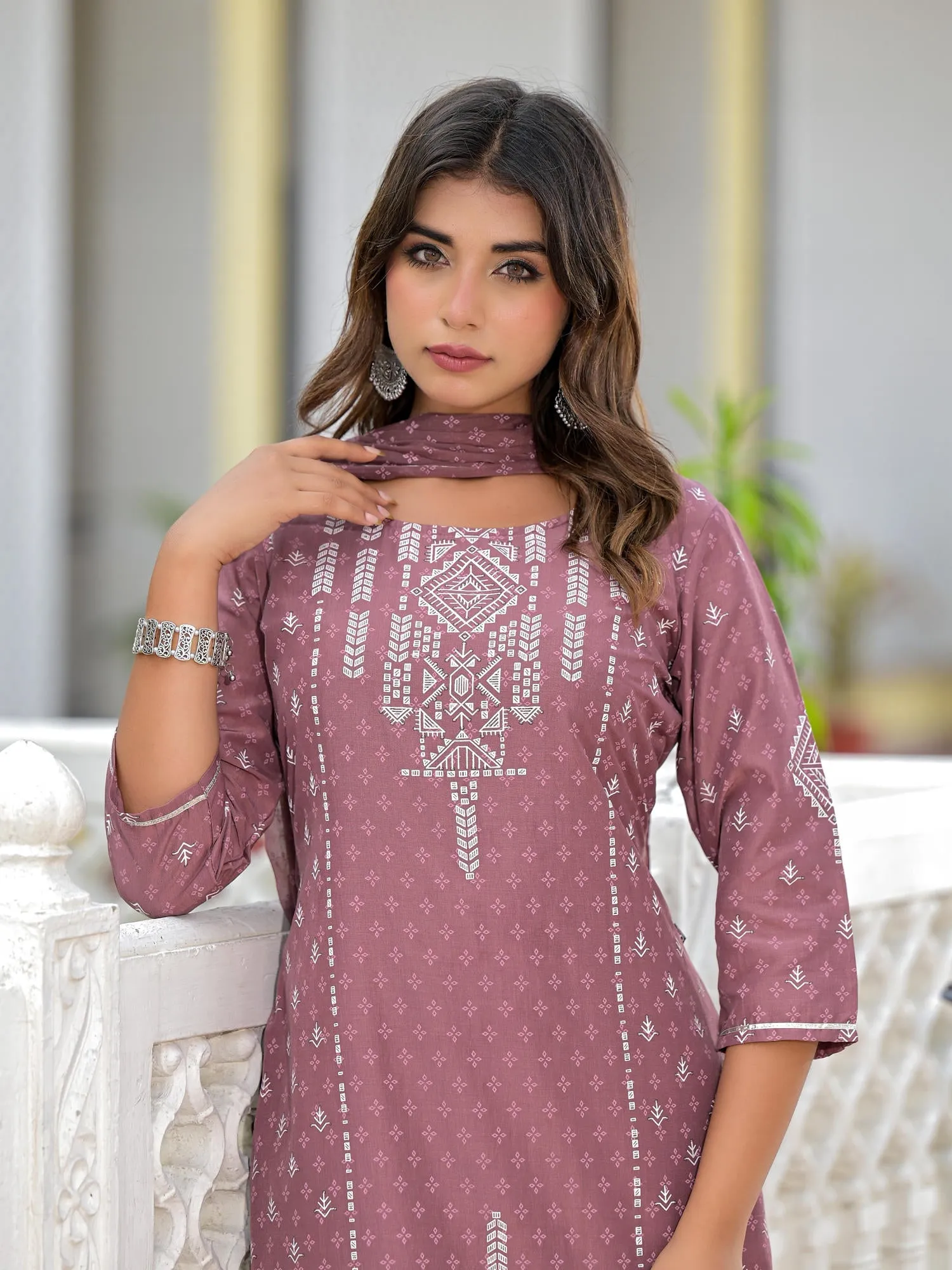 Jashvi Onion Pink Ethnic Motif Printed Viscose Kurta, Pant And Dupatta Set With Gotta Patti Work