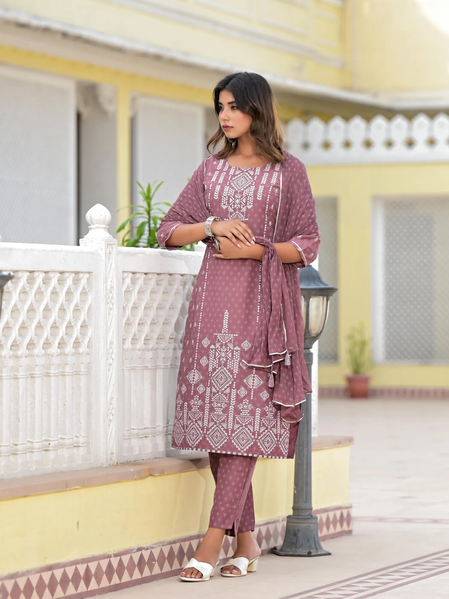 Jashvi Onion Pink Ethnic Motif Printed Viscose Kurta, Pant And Dupatta Set With Gotta Patti Work