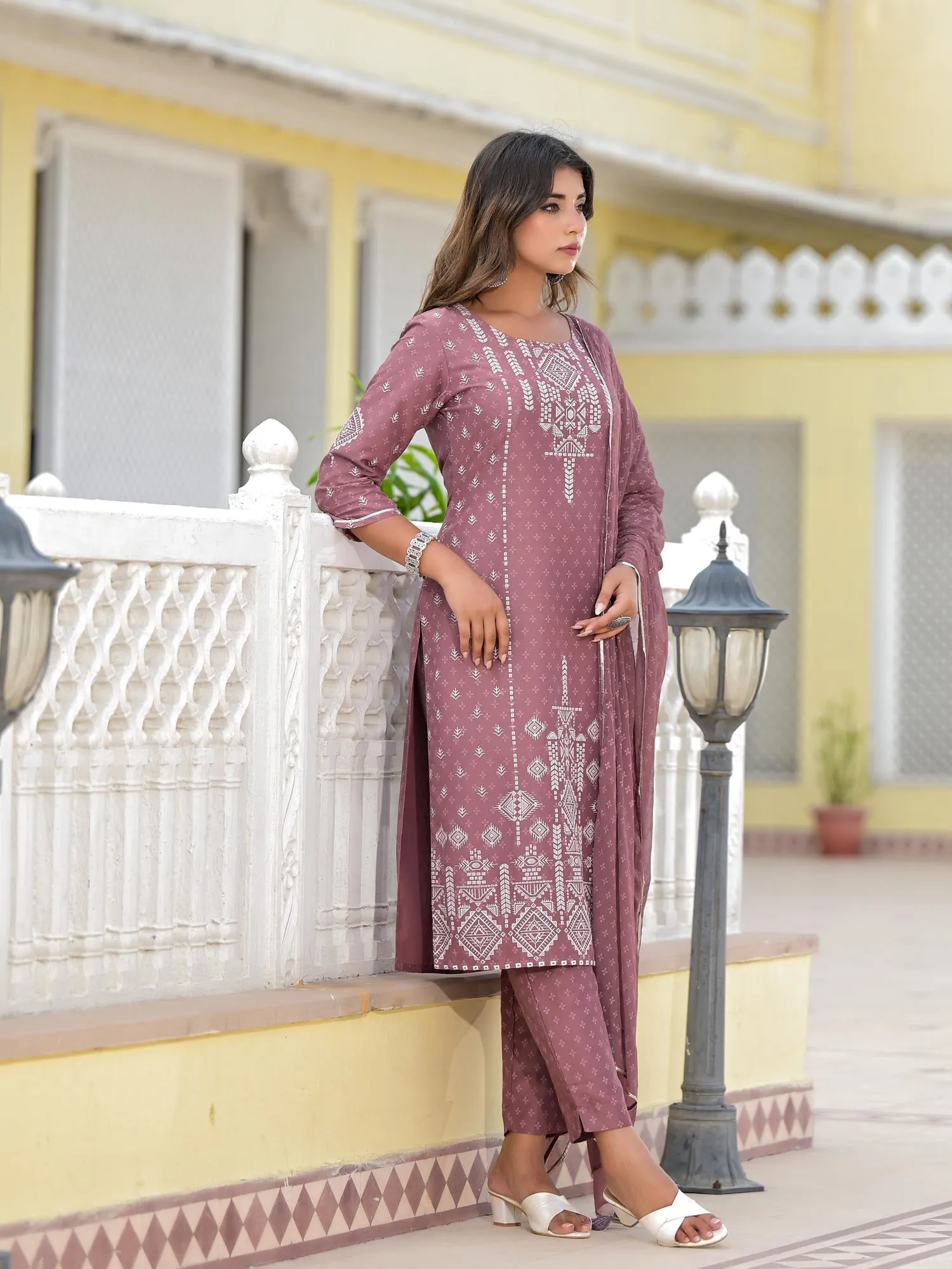 Jashvi Onion Pink Ethnic Motif Printed Viscose Kurta, Pant And Dupatta Set With Gotta Patti Work