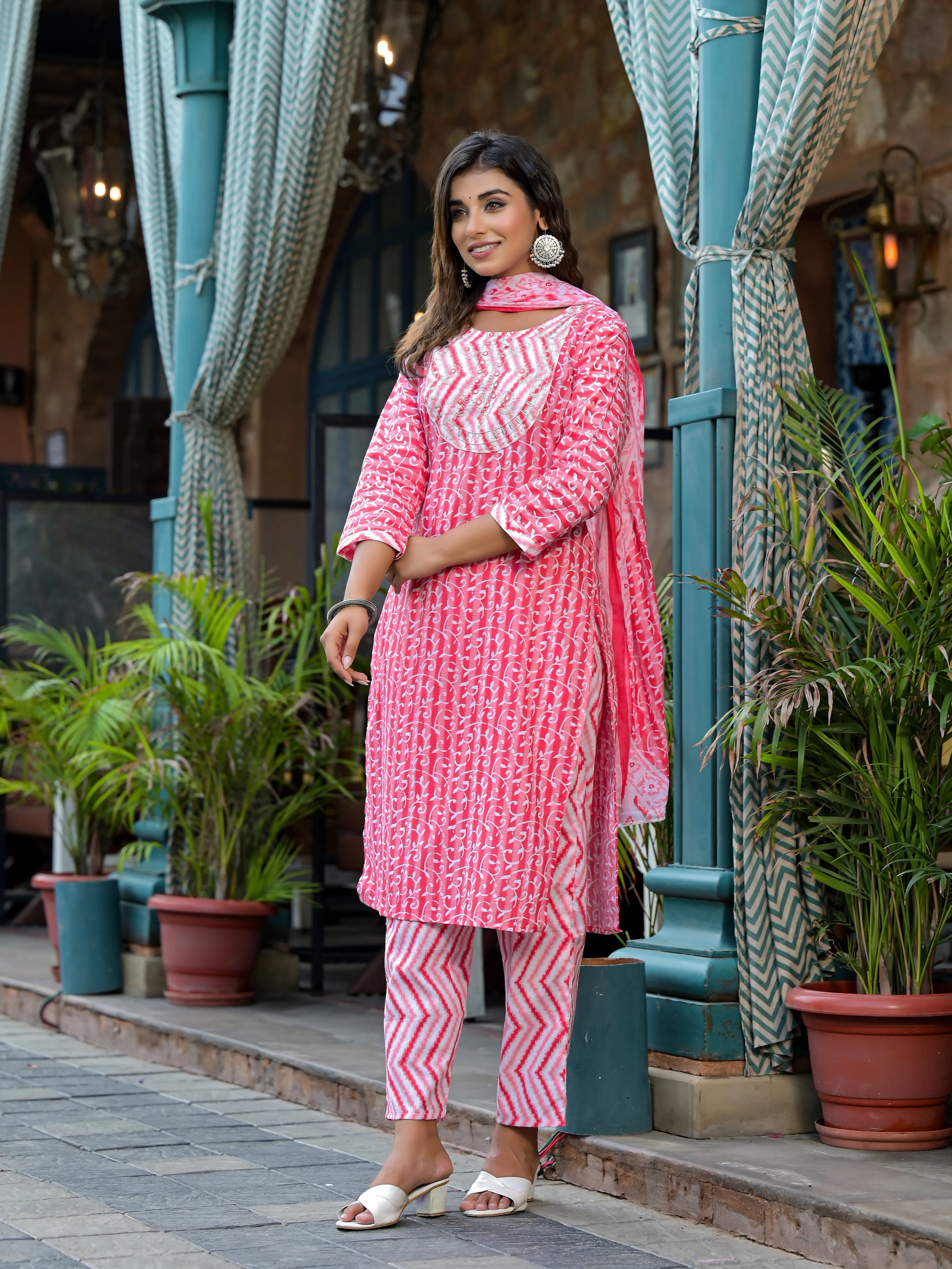 Jashvi Pink Ethnic Motif Printed Cotton Kurta, Pant And Dupatta Set With Mirror & Thread Work