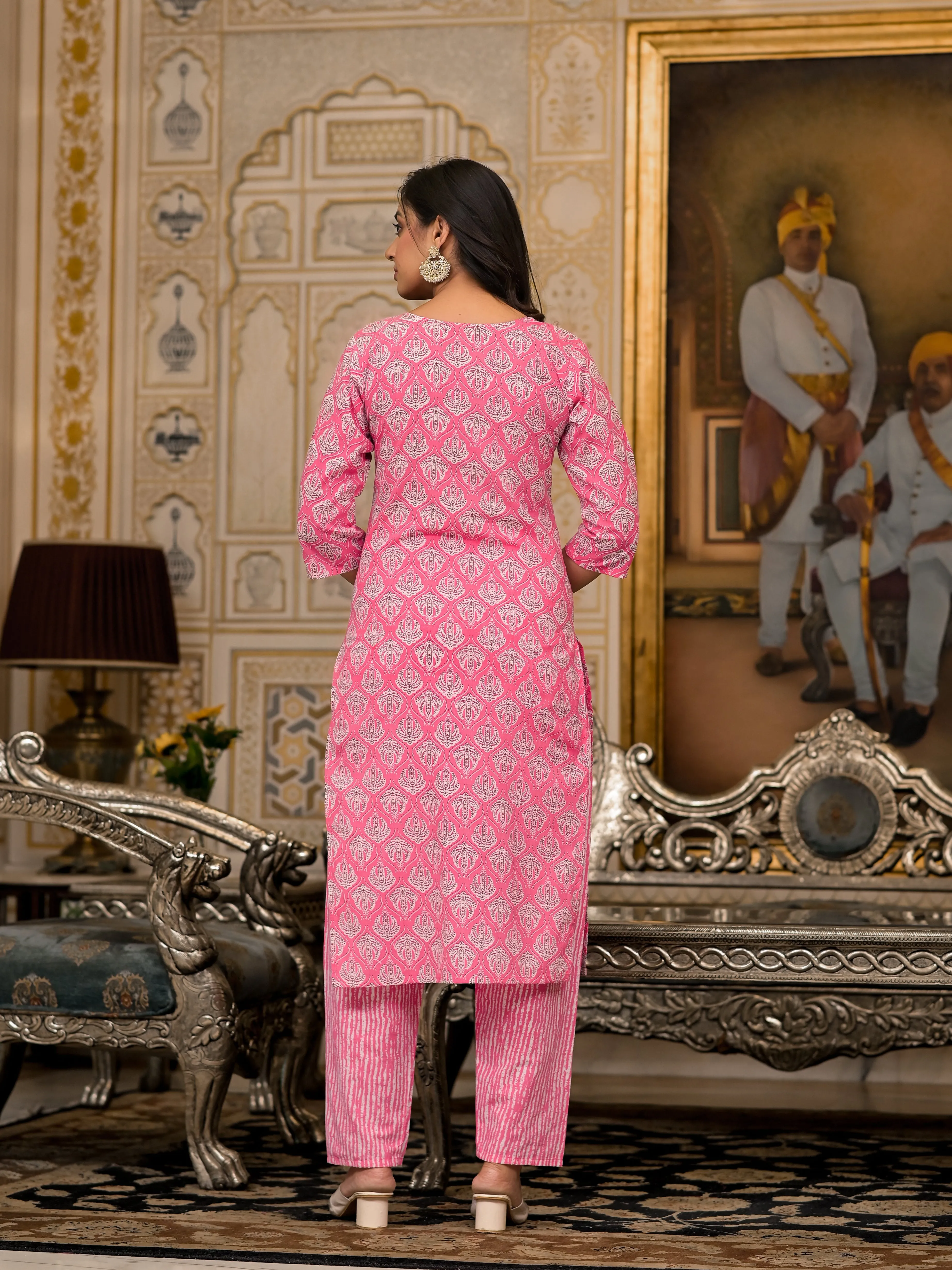 Jashvi Pink Ethnic Motif Printed Cotton Kurta, Pant And Dupatta Set  With Thread And Mirror Work