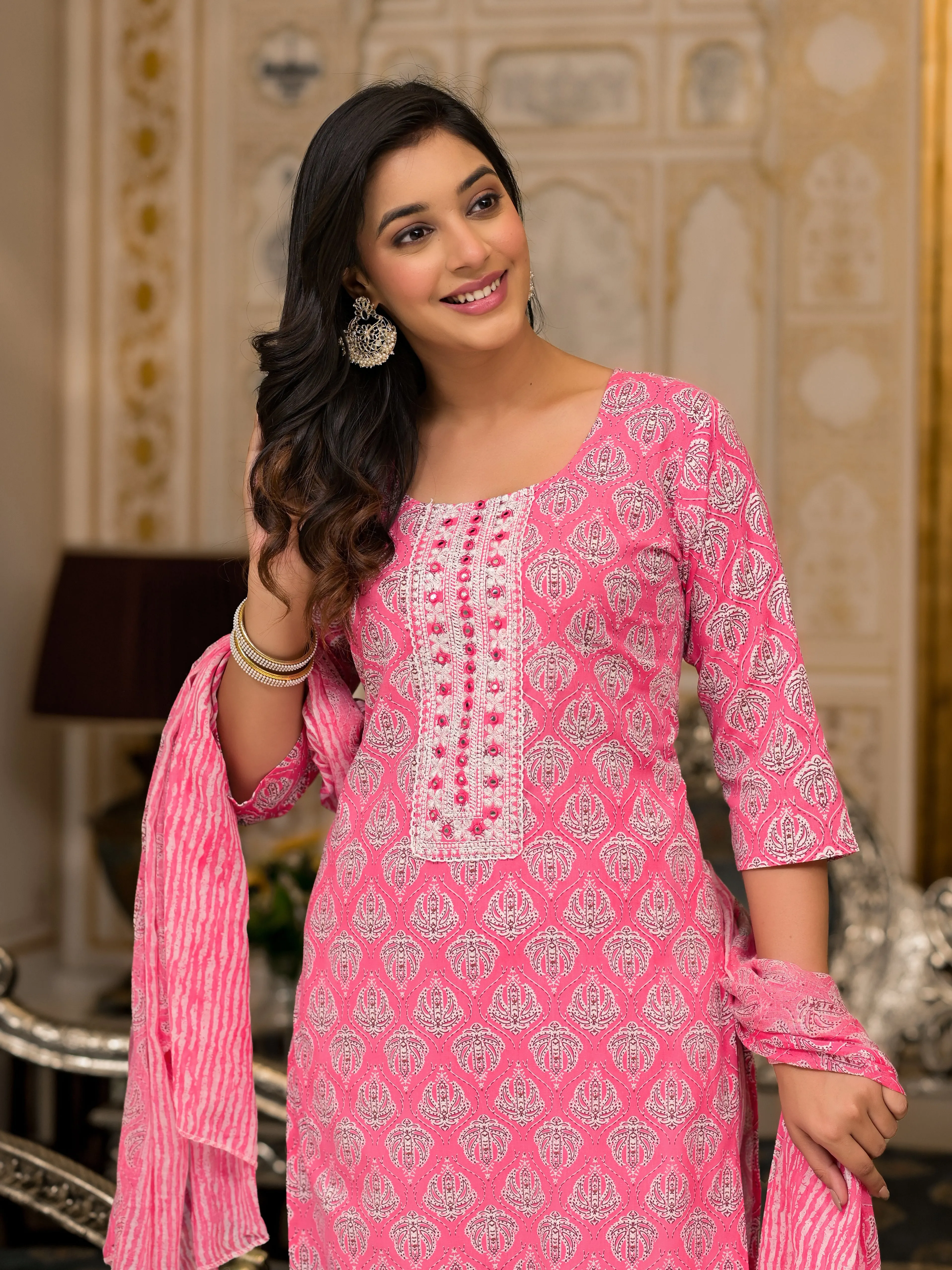 Jashvi Pink Ethnic Motif Printed Cotton Kurta, Pant And Dupatta Set  With Thread And Mirror Work