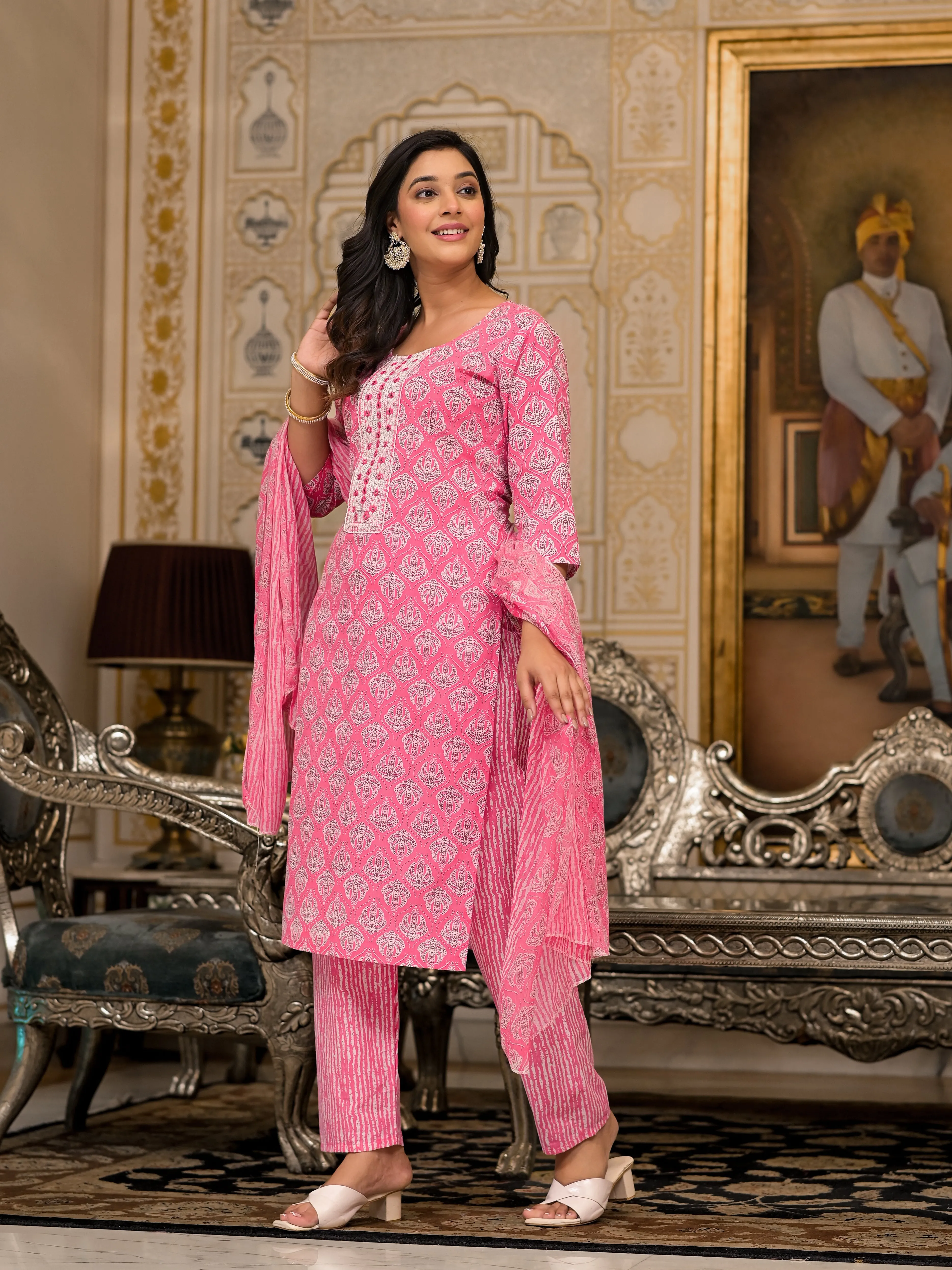 Jashvi Pink Ethnic Motif Printed Cotton Kurta, Pant And Dupatta Set  With Thread And Mirror Work