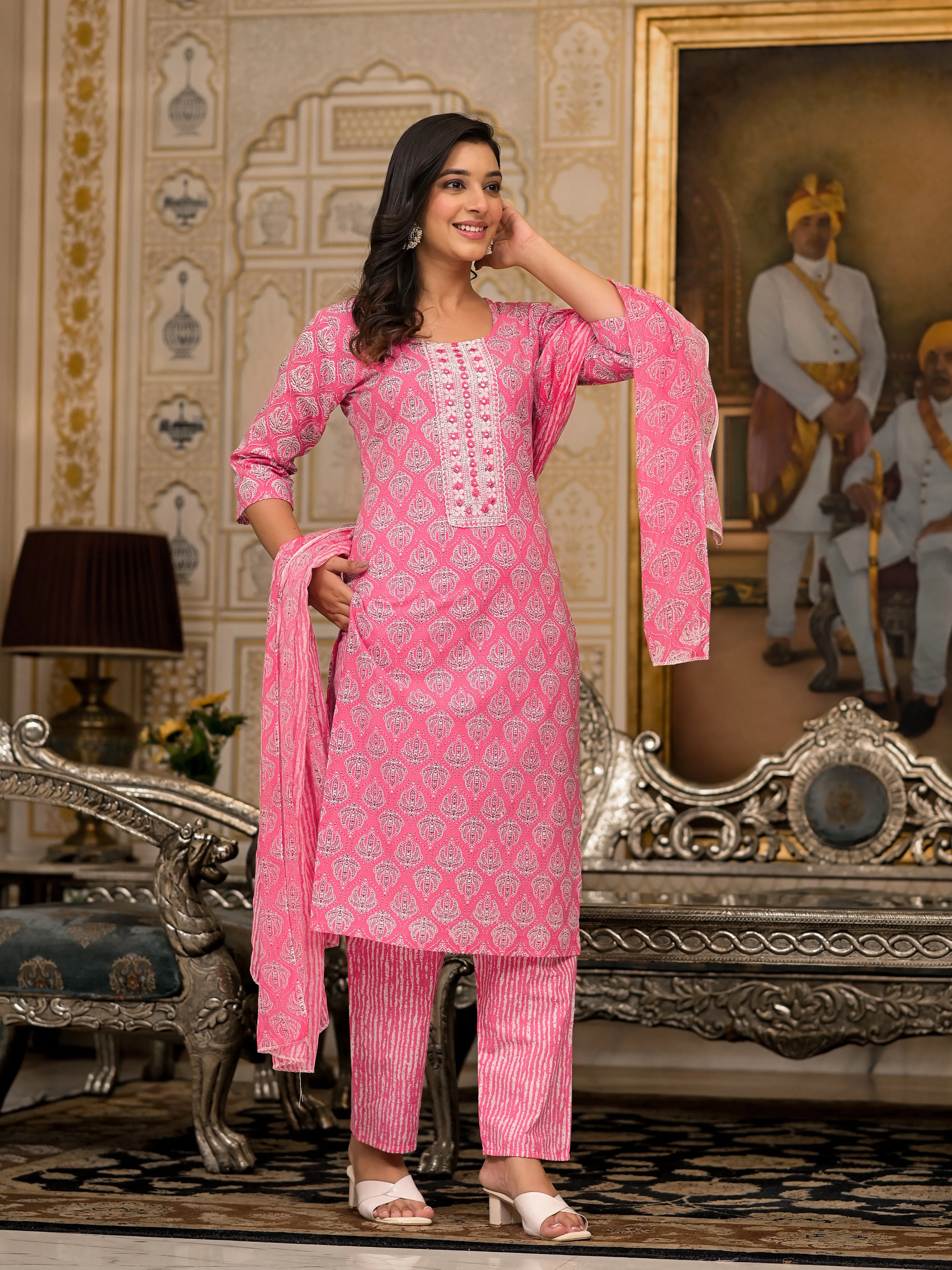 Jashvi Pink Ethnic Motif Printed Cotton Kurta, Pant And Dupatta Set  With Thread And Mirror Work