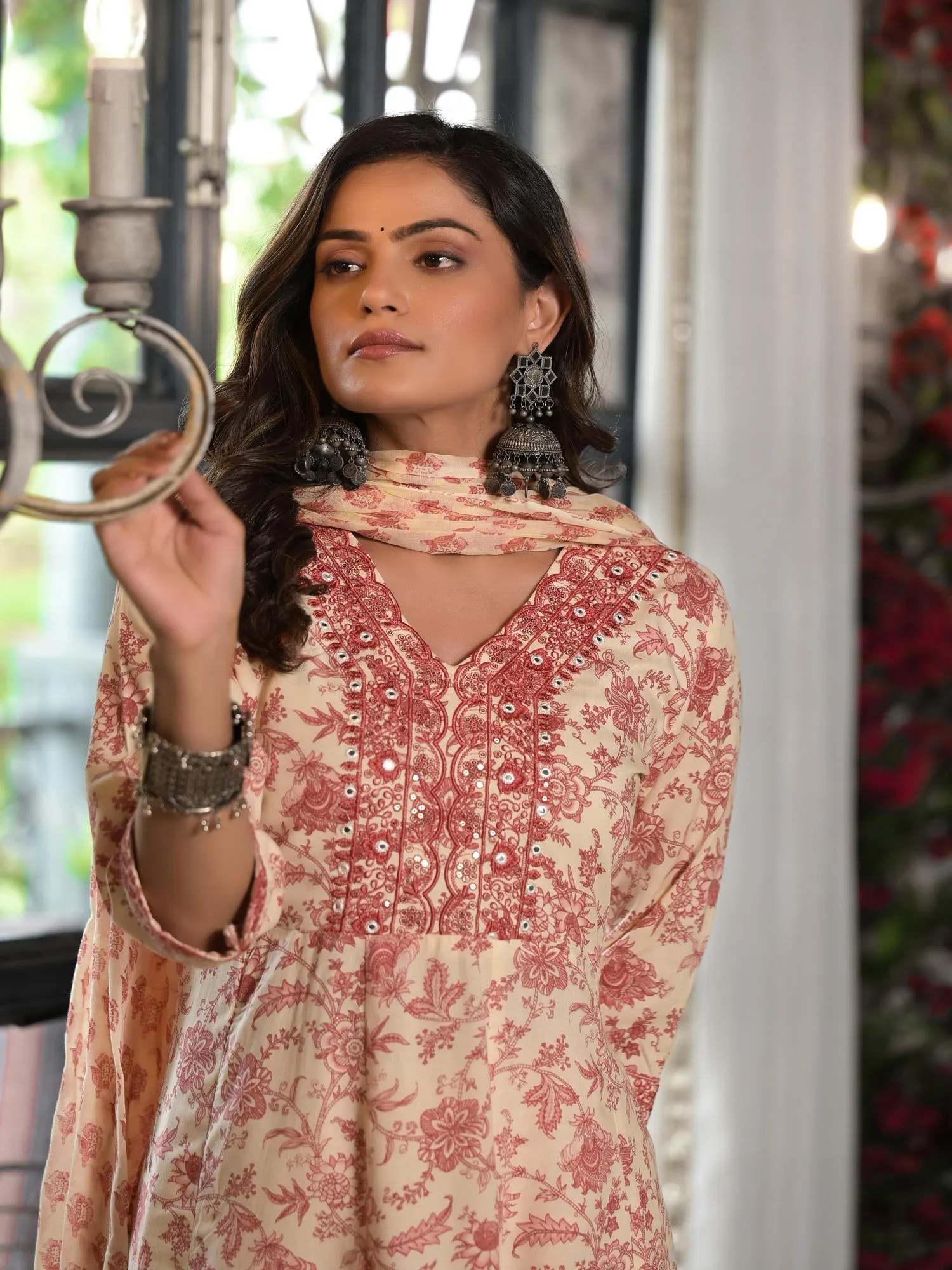 Jashvi Pink Floral Printed Rayon Kurta, Pant And Dupatta Set With Mirror & Thread Work