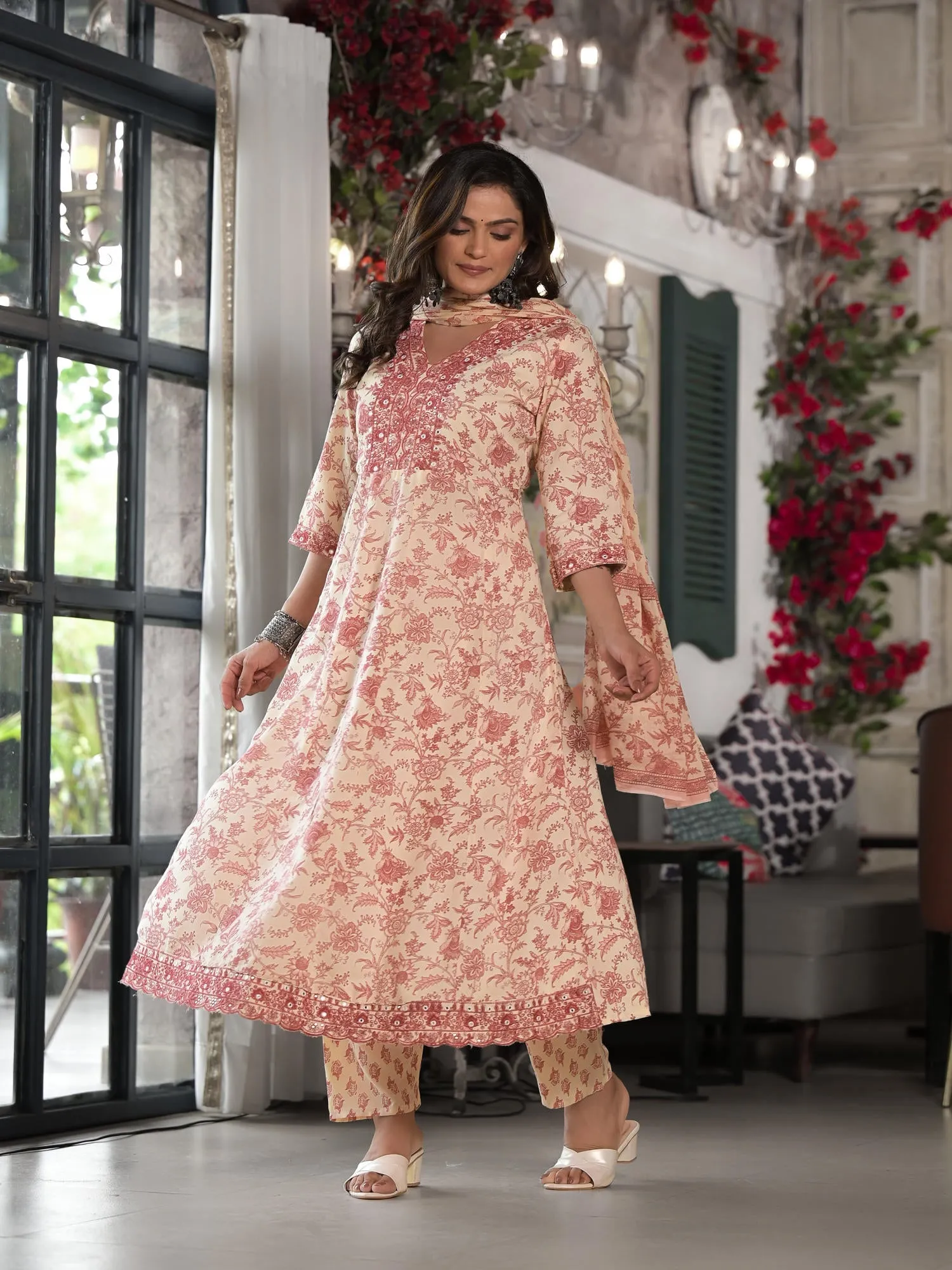 Jashvi Pink Floral Printed Rayon Kurta, Pant And Dupatta Set With Mirror & Thread Work