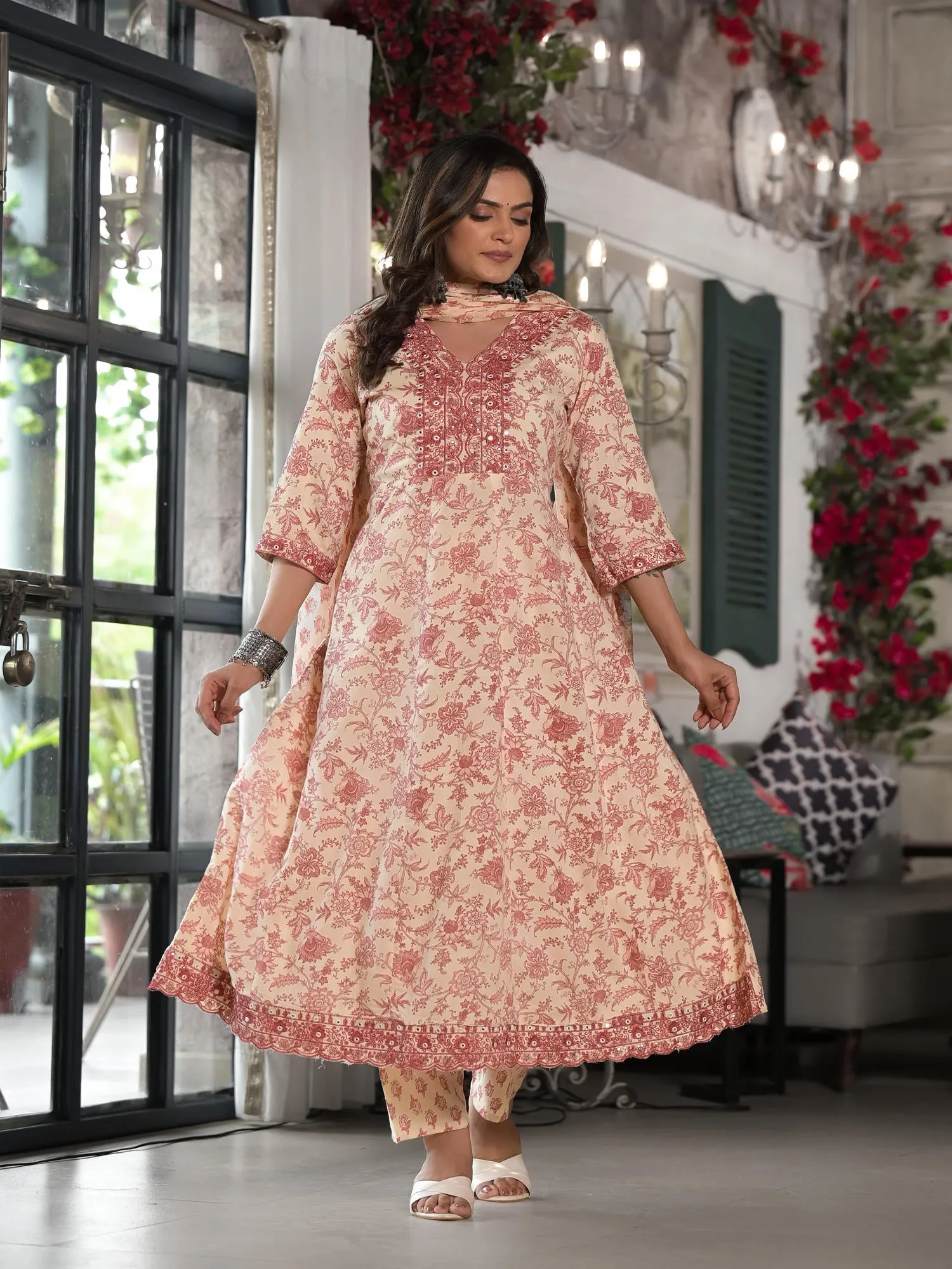 Jashvi Pink Floral Printed Rayon Kurta, Pant And Dupatta Set With Mirror & Thread Work