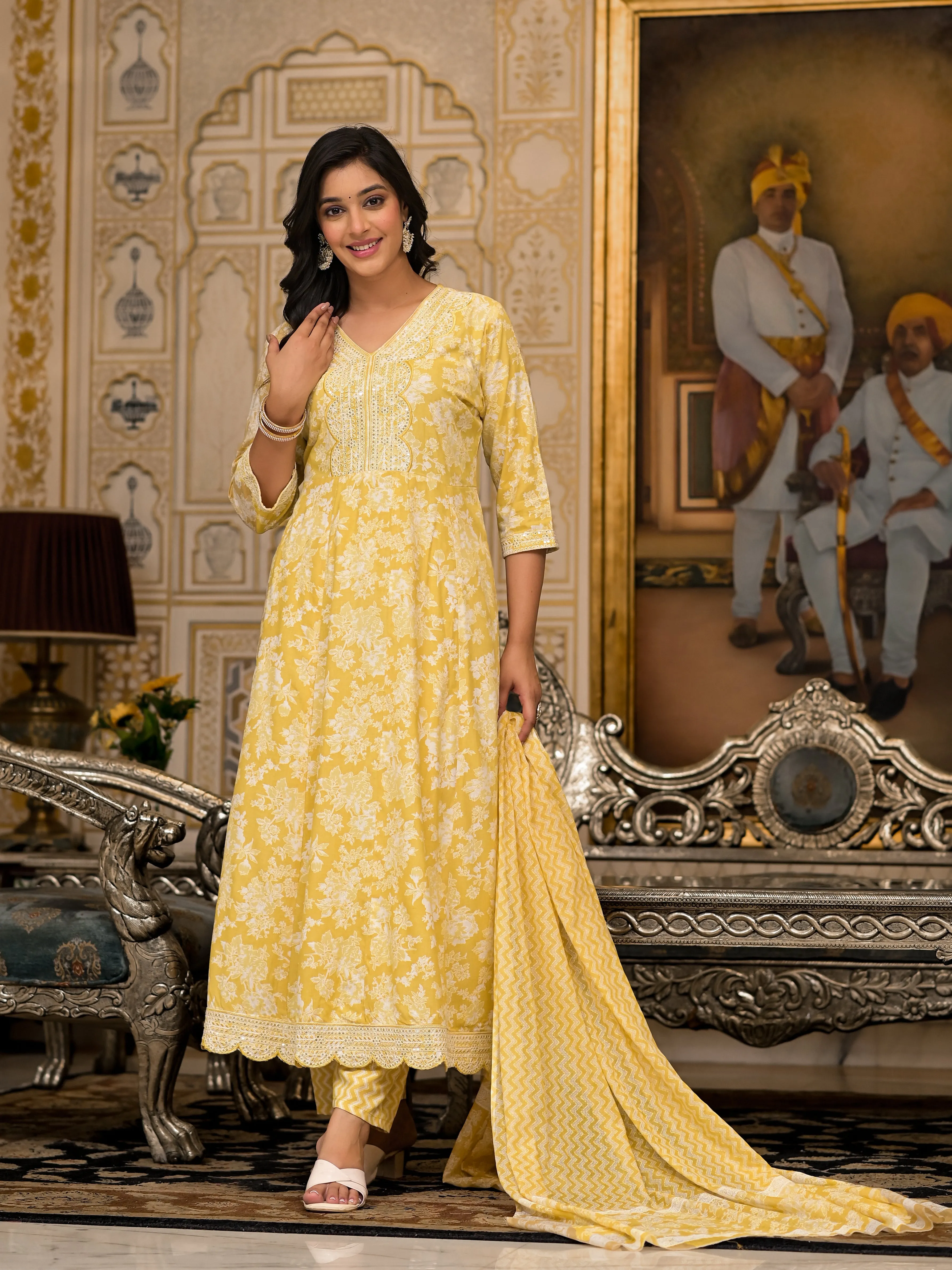 Jashvi Yellow Floral Printed Rayon Kurta With Pant And Dupatta With Thread & Sequins Work