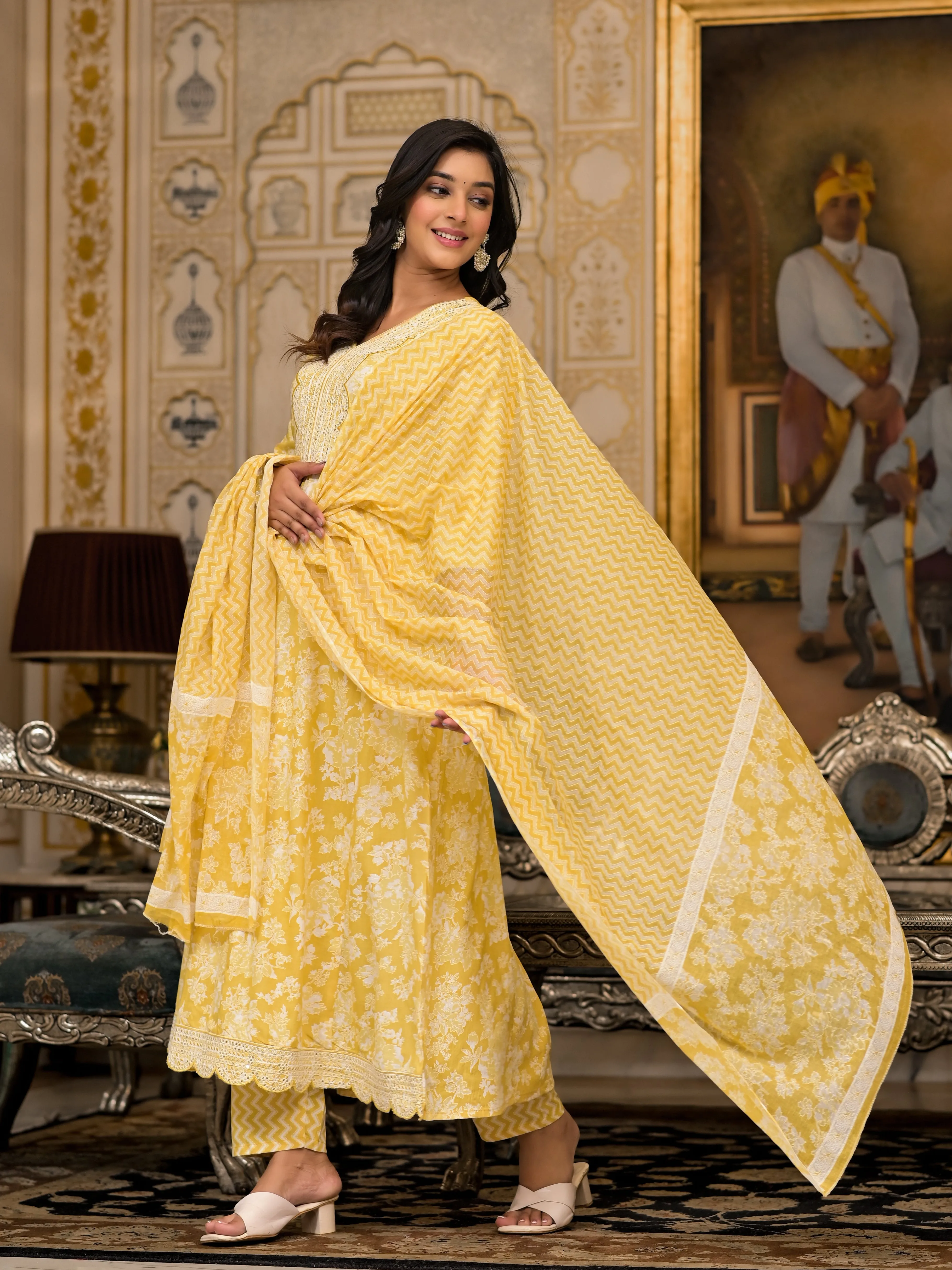 Jashvi Yellow Floral Printed Rayon Kurta With Pant And Dupatta With Thread & Sequins Work