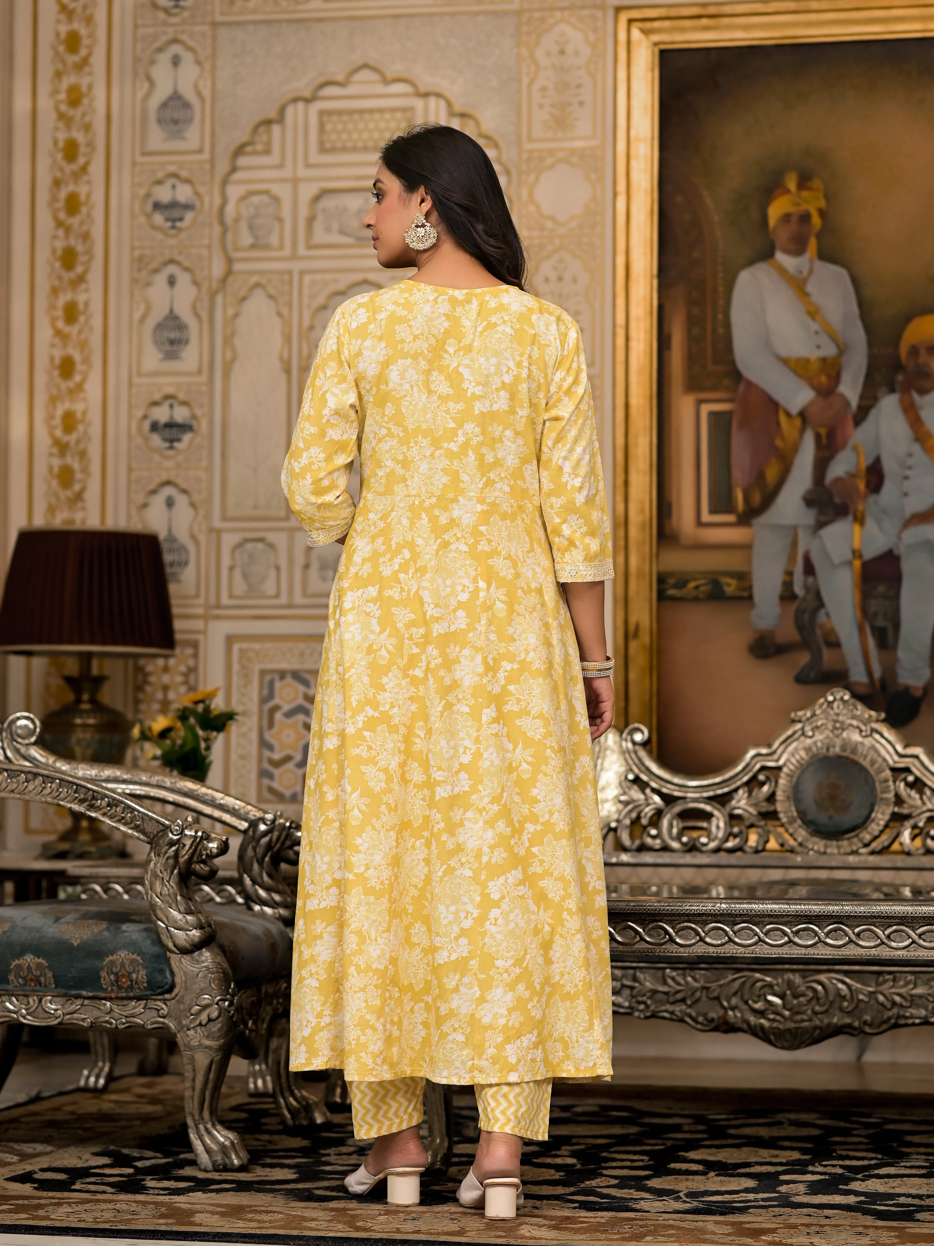 Jashvi Yellow Floral Printed Rayon Kurta With Pant And Dupatta With Thread & Sequins Work