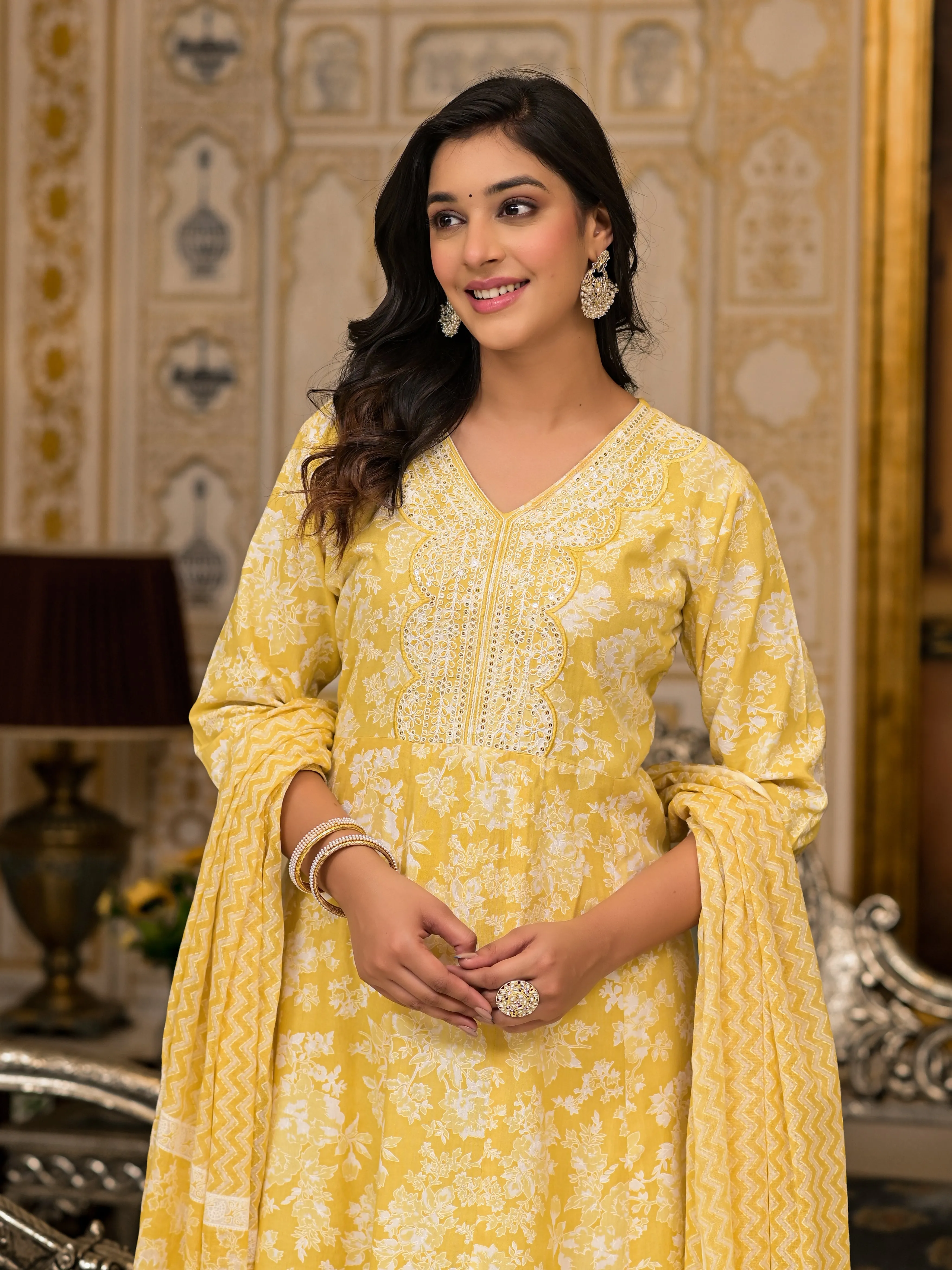 Jashvi Yellow Floral Printed Rayon Kurta With Pant And Dupatta With Thread & Sequins Work