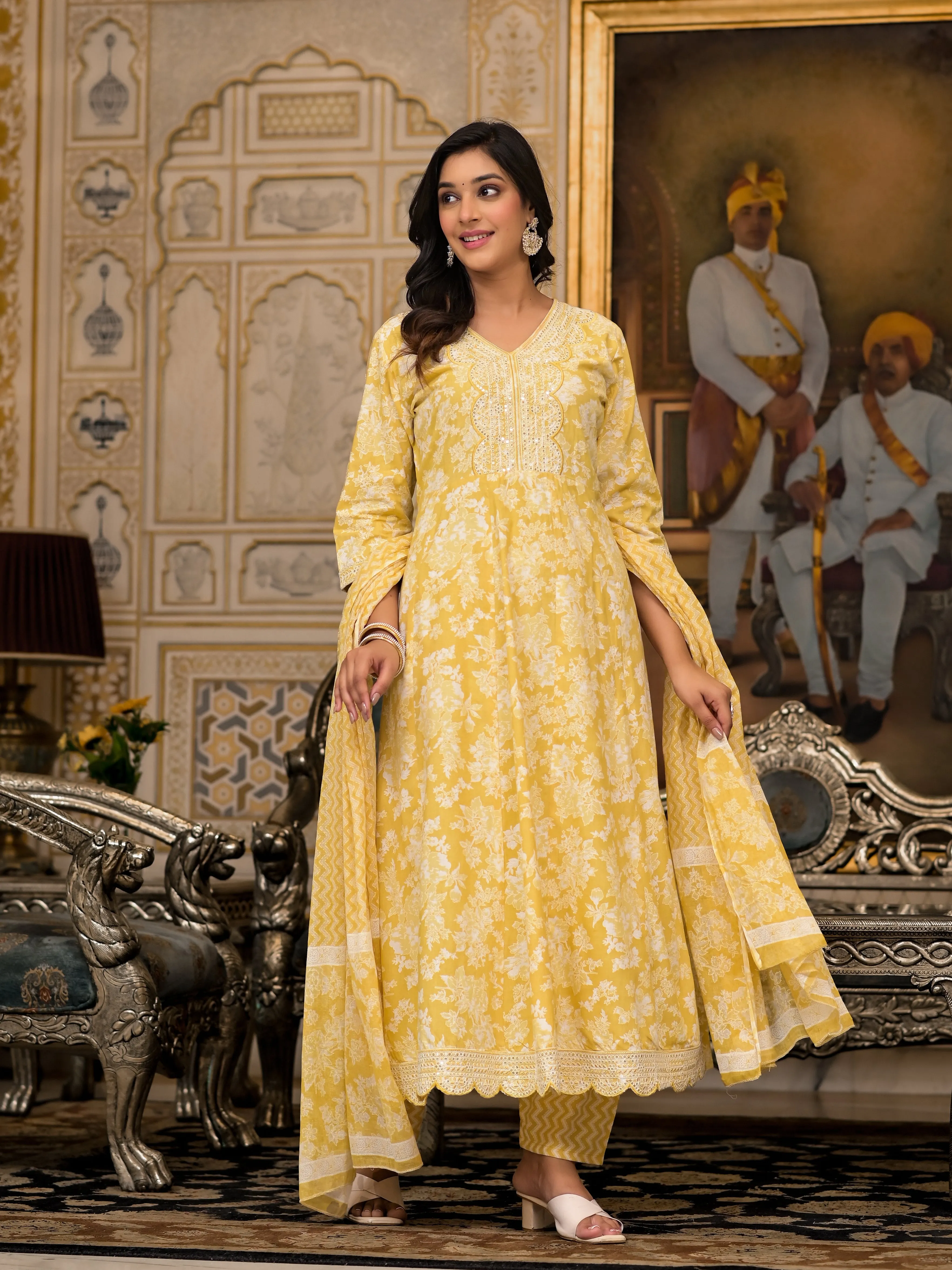 Jashvi Yellow Floral Printed Rayon Kurta With Pant And Dupatta With Thread & Sequins Work