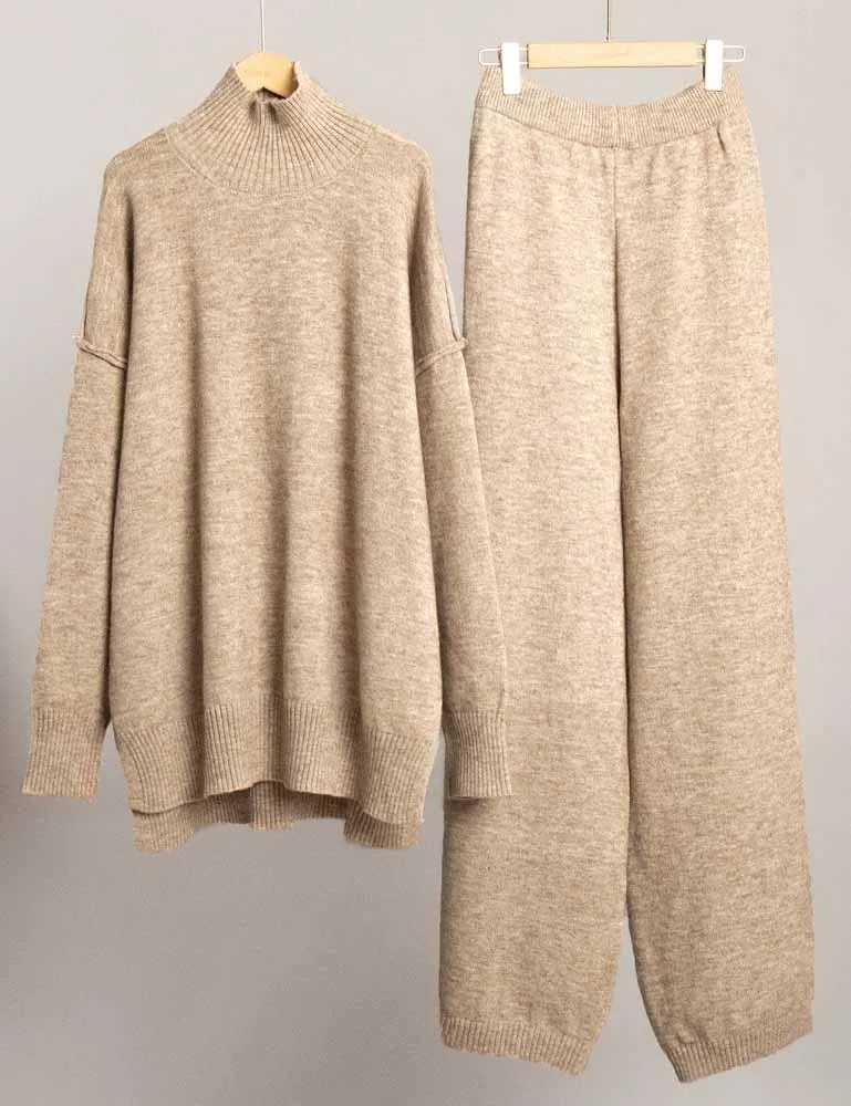 Ladies High Neck Pullover Sweater Pants 2PCS Set SKST4853