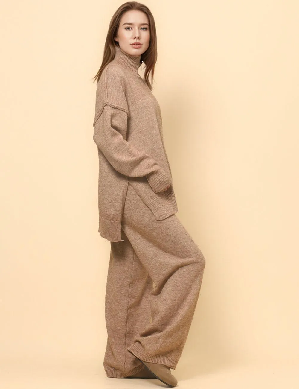 Ladies High Neck Pullover Sweater Pants 2PCS Set SKST4853