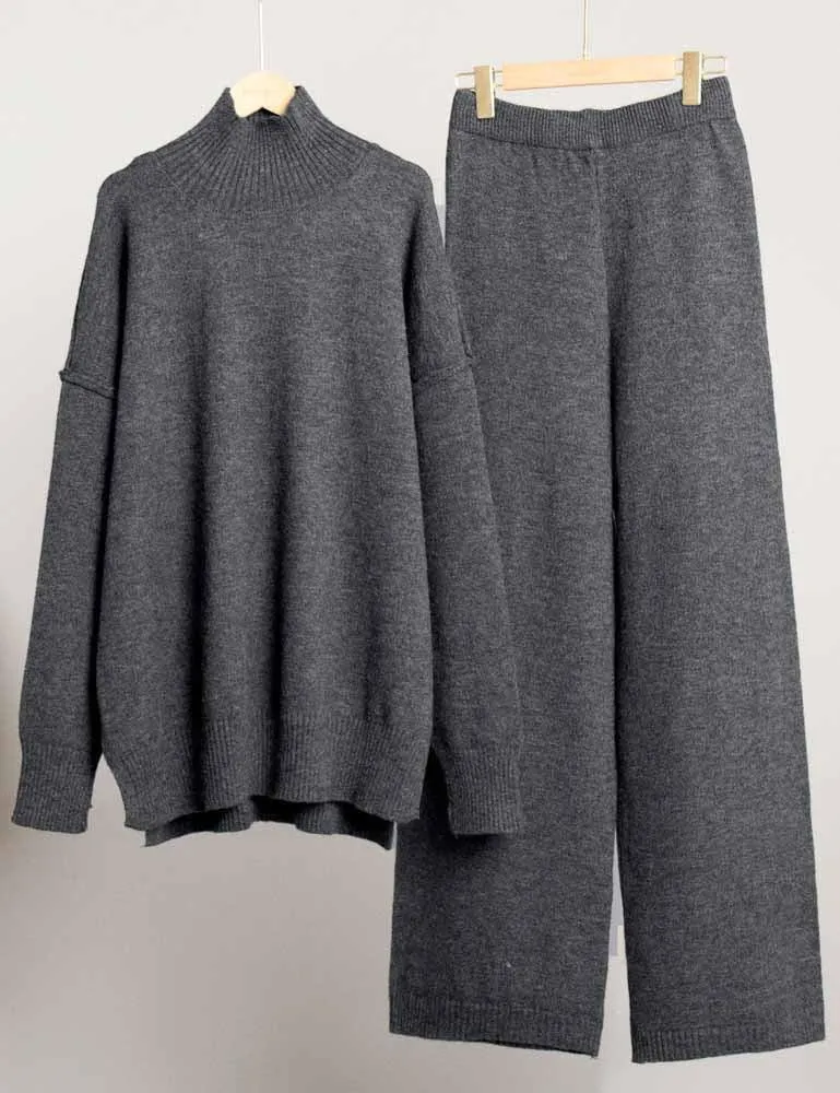 Ladies High Neck Pullover Sweater Pants 2PCS Set SKST4853