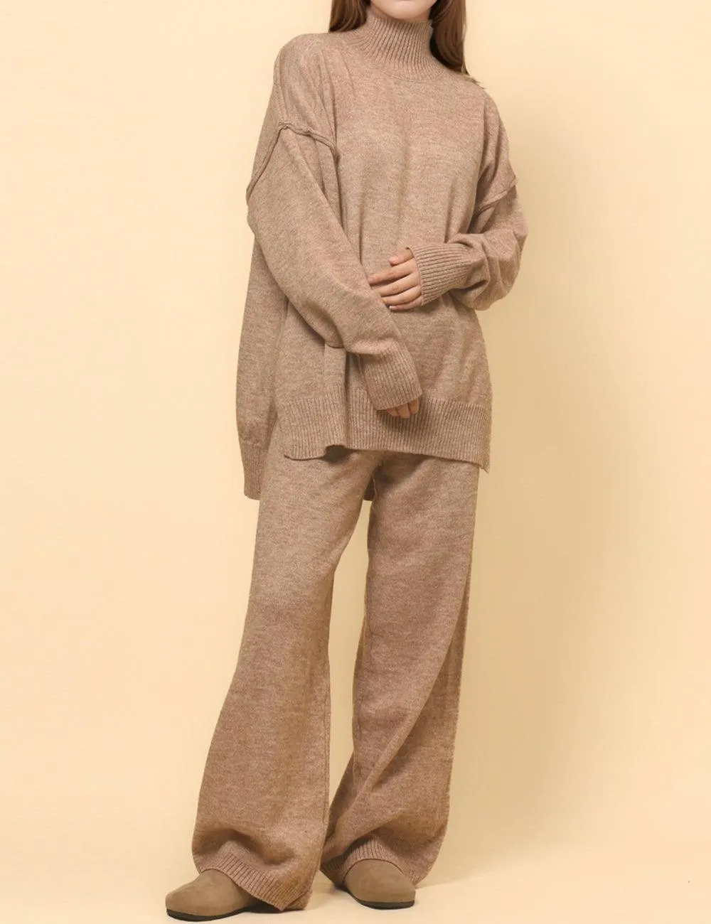 Ladies High Neck Pullover Sweater Pants 2PCS Set SKST4853