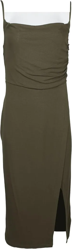 Laundry Spaghetti Strap Adjustable Strap Cowl Neck Slit Side Zipper Back Solid Knit Dress-Olive