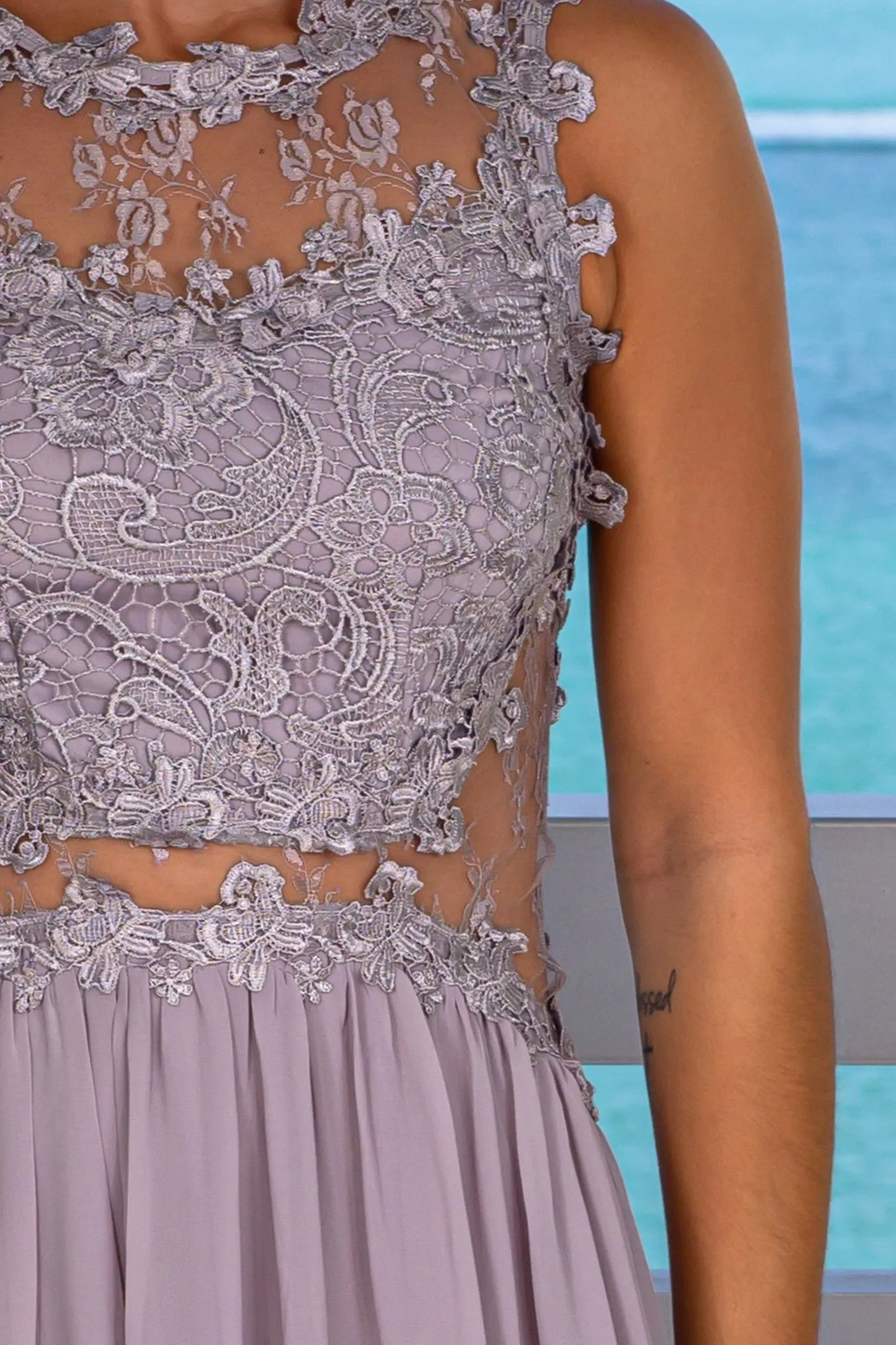 Light Gray Lace Top Maxi Dress with Tulle Back