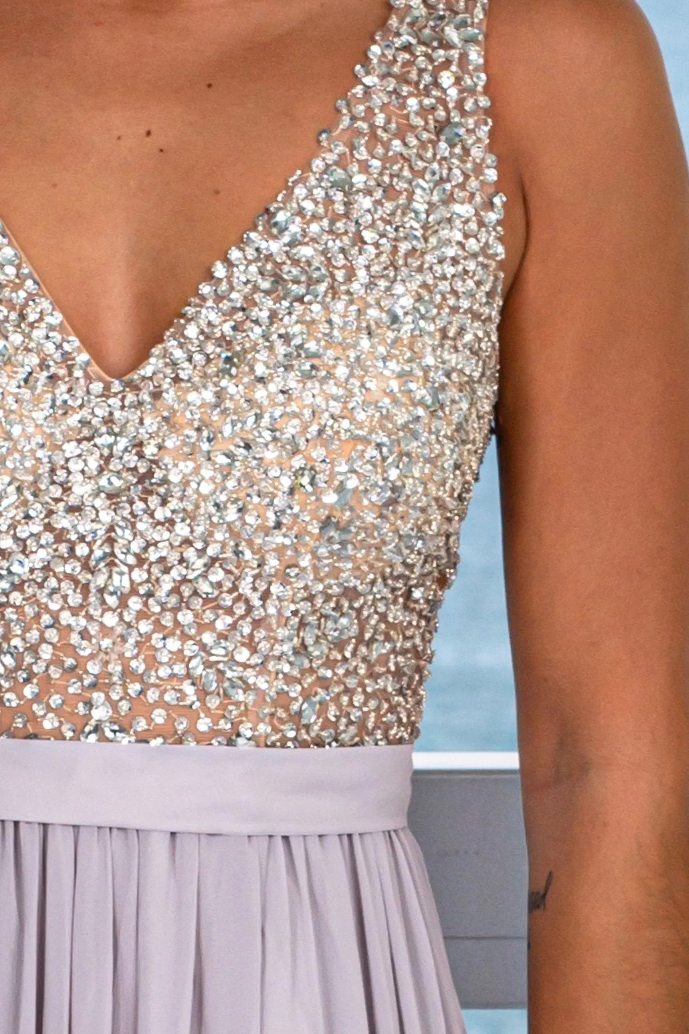 Light Gray Maxi Dress with Silver Jewels