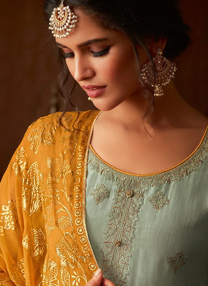 Light Green And Yellow Embroidered Indian Pant Suit