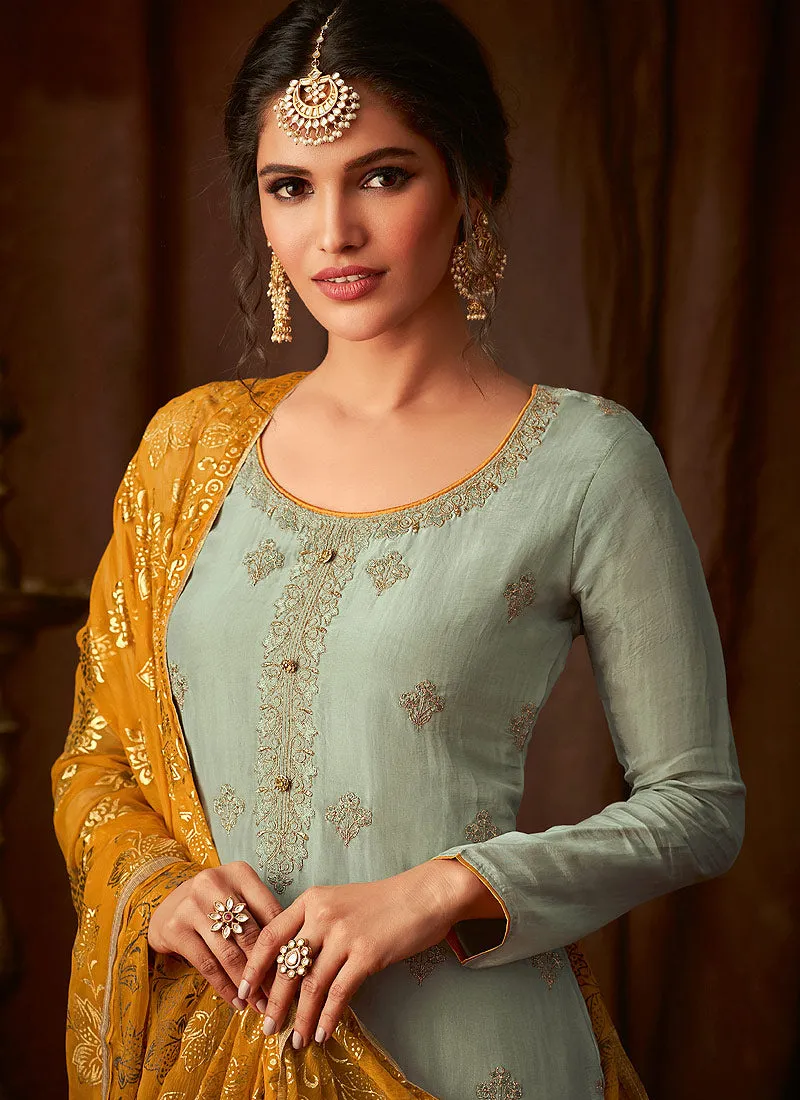Light Green And Yellow Embroidered Indian Pant Suit