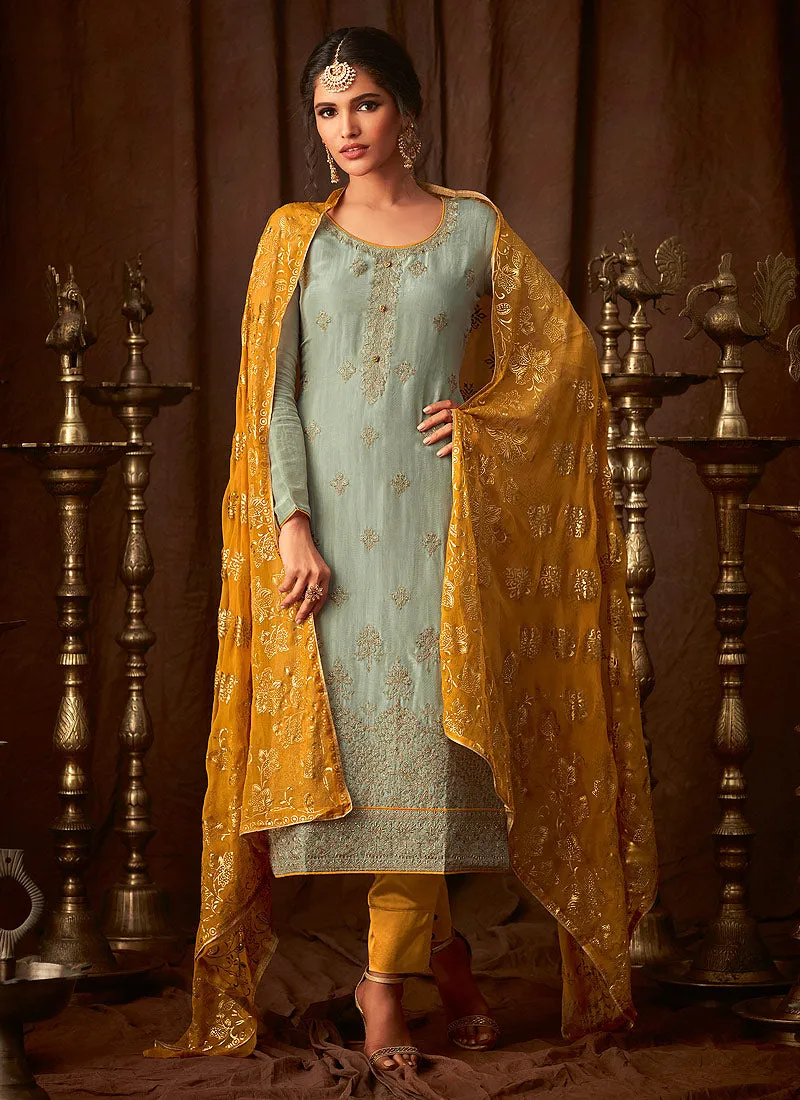 Light Green And Yellow Embroidered Indian Pant Suit