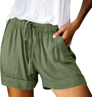 Linen Womens Shorts with Pockets Drawstring Elastic Waist Cotton Linen Beach Vacation Trendy 2025 Summer Clothes
